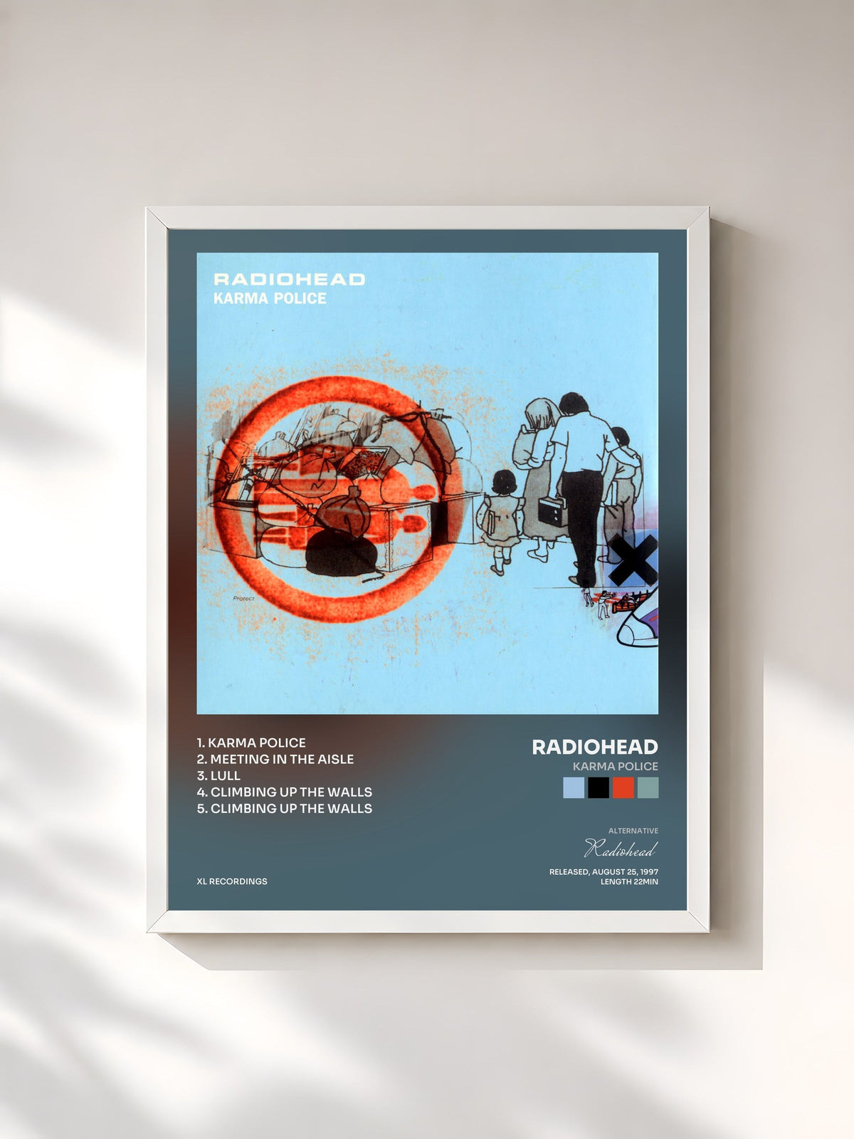 #blanc Tableau de l'album Karma Police de Radiohead, cadre blanc, imprimé et encadré en France