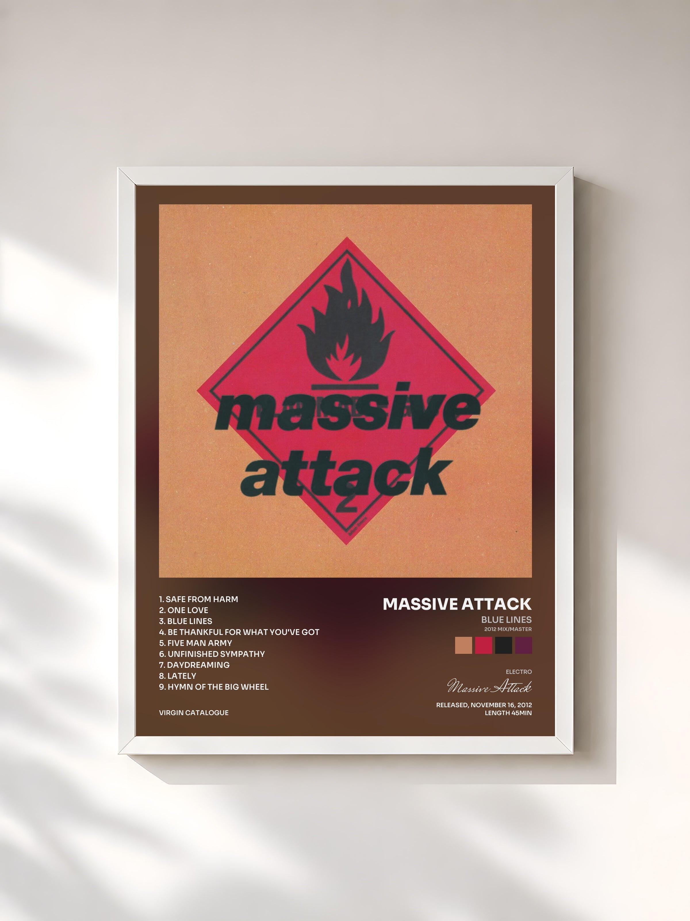 #blanc Blue Lines (2012 Mix/Master) de Massive Attack en lámina enmarcada, marco blanco, impresa y enmarcada en Francia