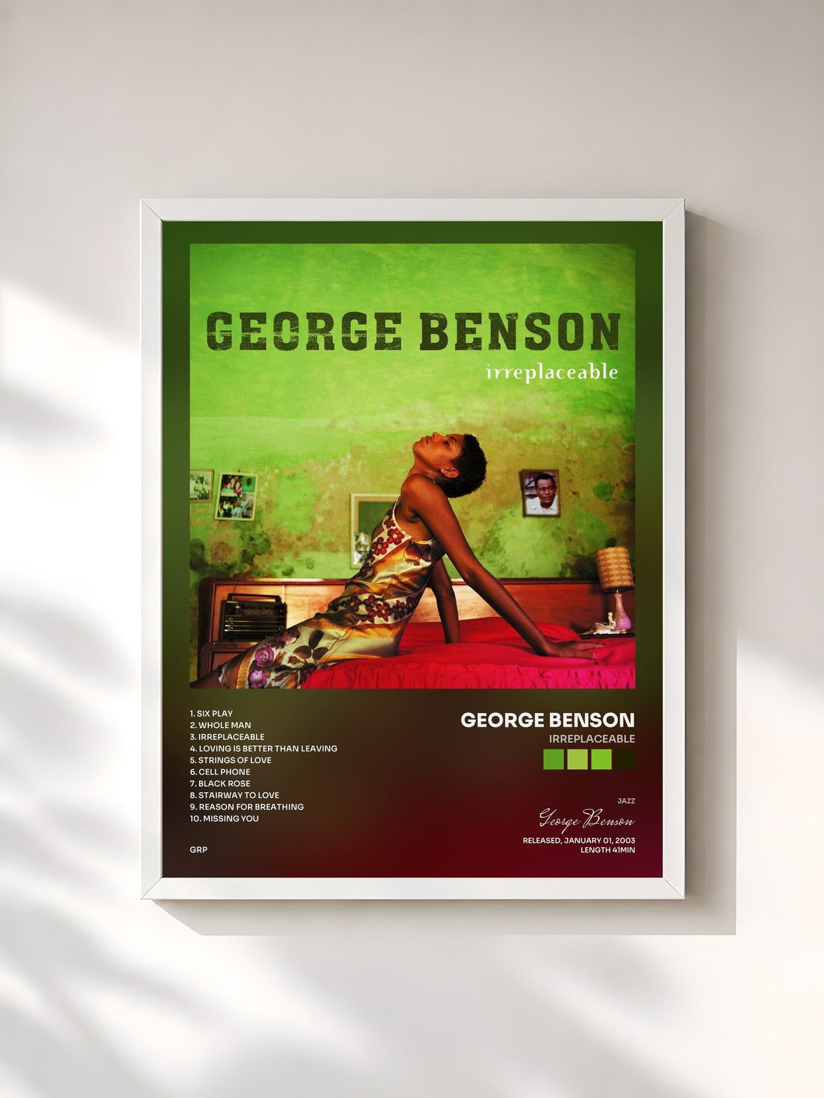 #blanc Tableau de l'album Irreplaceable de George Benson, cadre blanc, imprimé et encadré en France