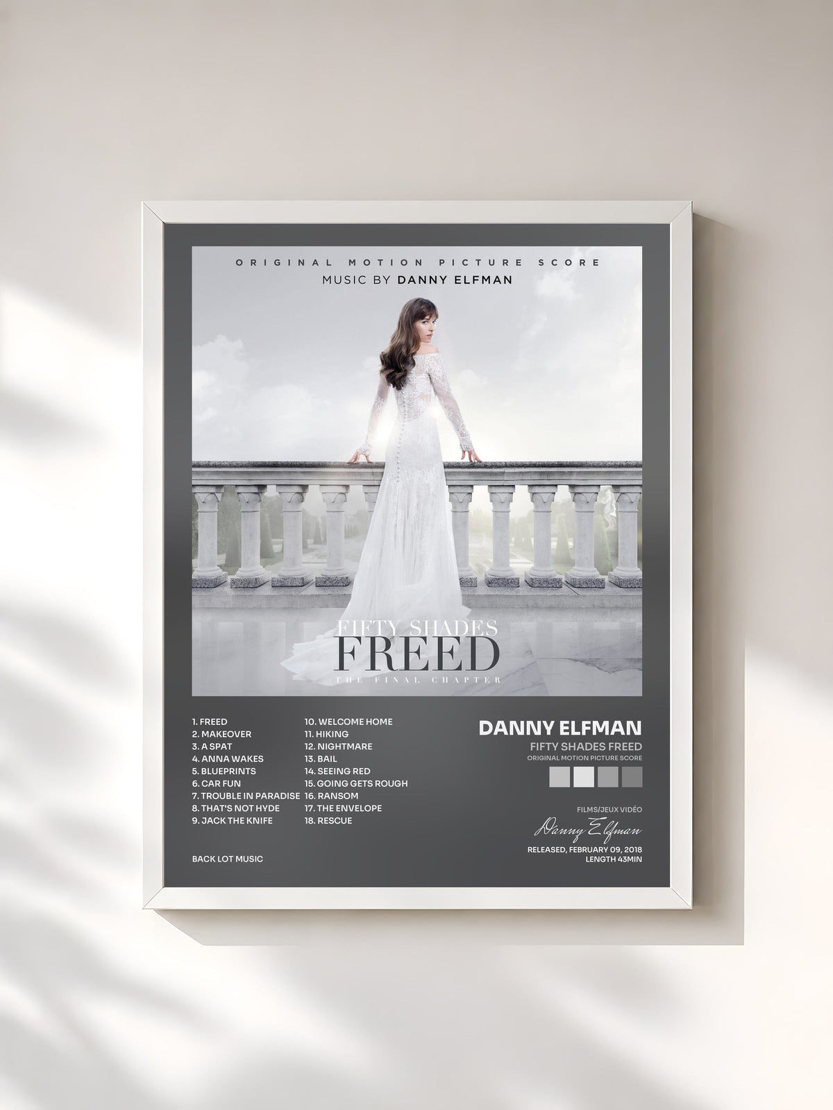 #blanc Tableau de l'album Fifty Shades Freed (Original Motion Picture Score) de Danny Elfman, cadre blanc, imprimé et encadré en France