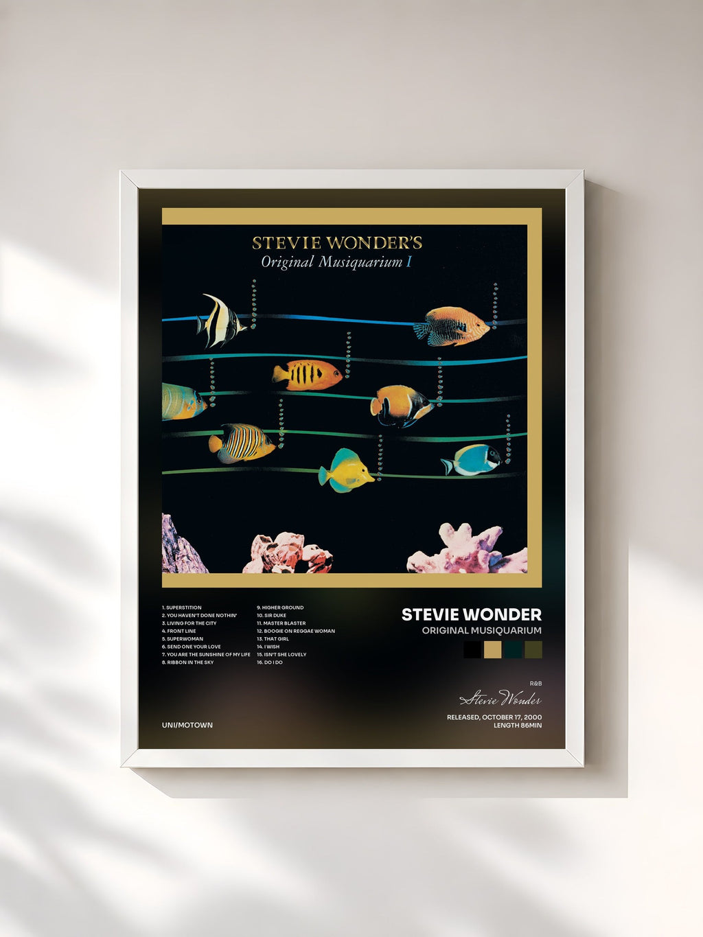 #blanc Tableau de l'album Original Musiquarium de Stevie Wonder, cadre blanc, imprimé et encadré en France