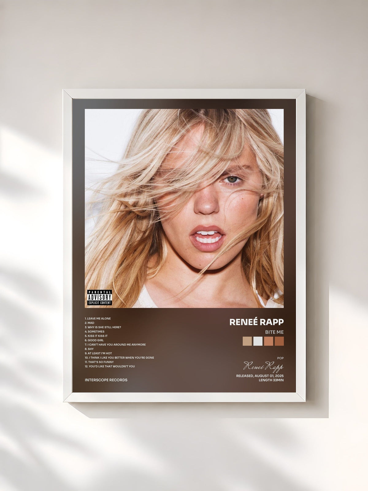 #blanc Tableau de l'album BITE ME de Reneé Rapp, cadre blanc, imprimé et encadré en France
