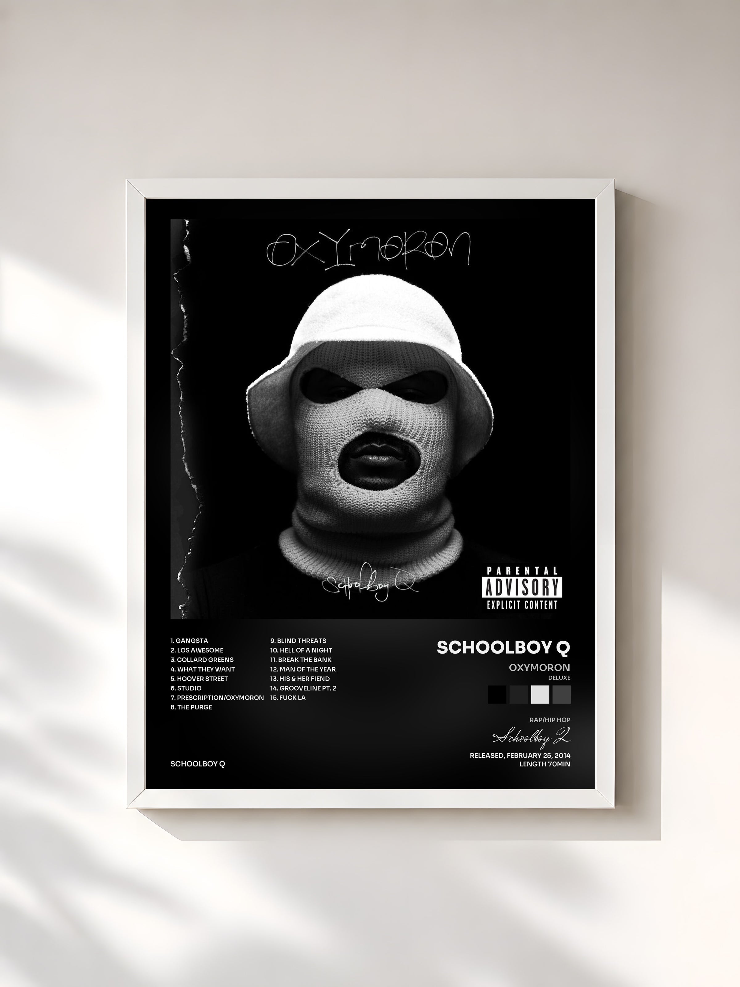 #blanc Oxymoron (Deluxe) de Schoolboy Q en lámina enmarcada, marco blanco, impresa y enmarcada en Francia