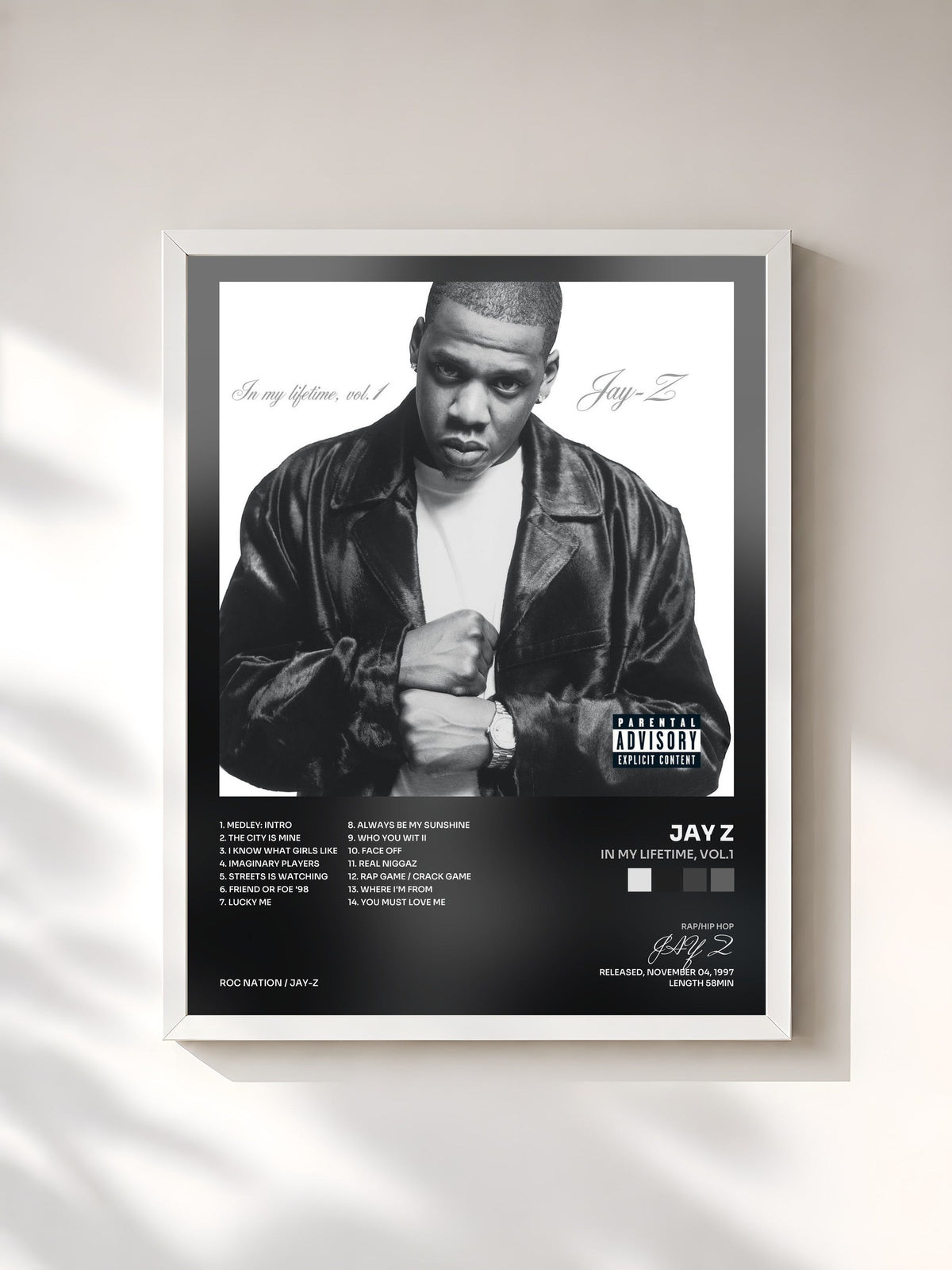 #blanc Tableau de l'album In My Lifetime, Vol.1 de JAY Z, cadre blanc, imprimé et encadré en France