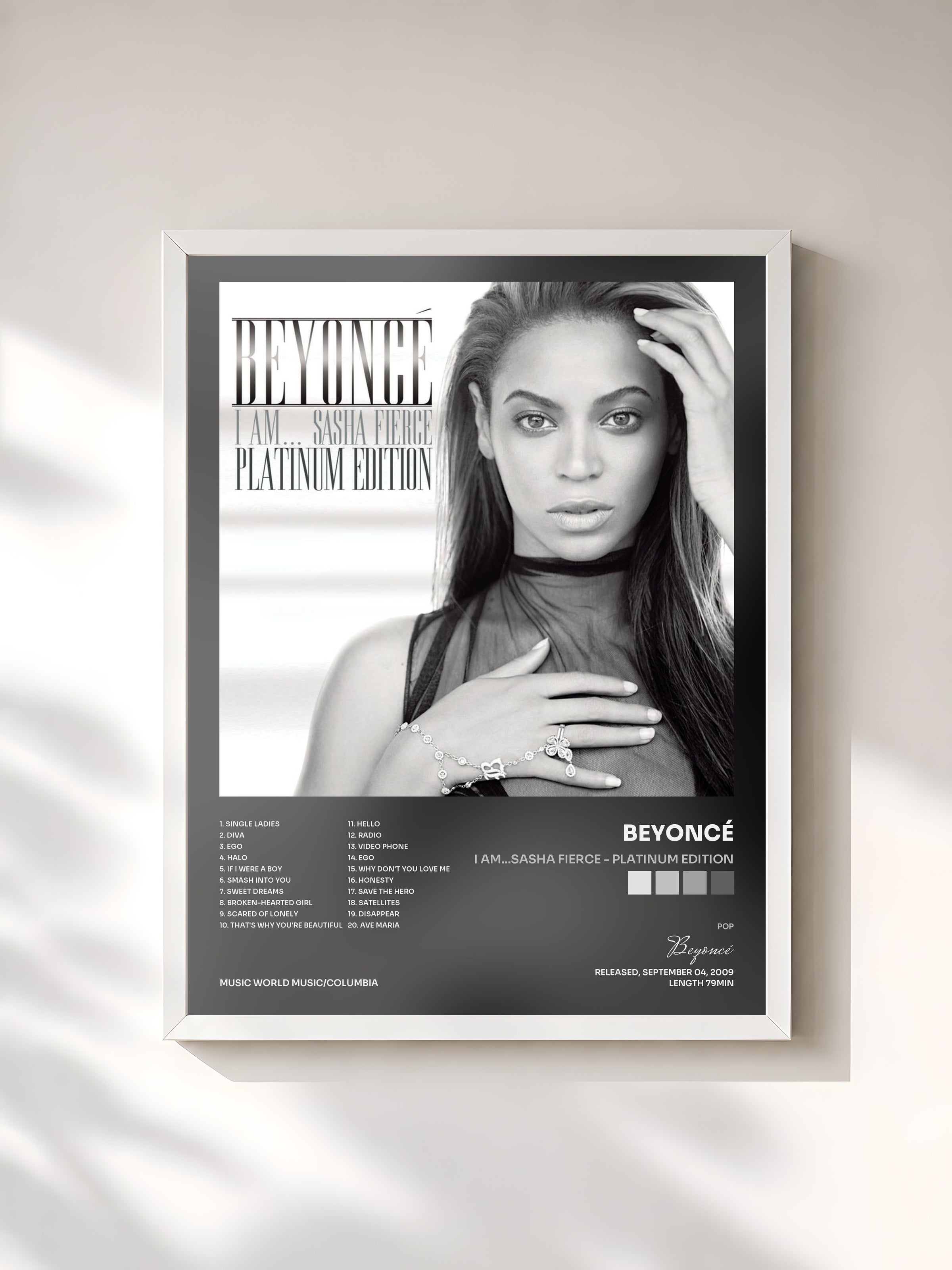 #blanc Tableau de l'album I AM...SASHA FIERCE - Platinum Edition de Beyoncé, cadre blanc, imprimé et encadré en France