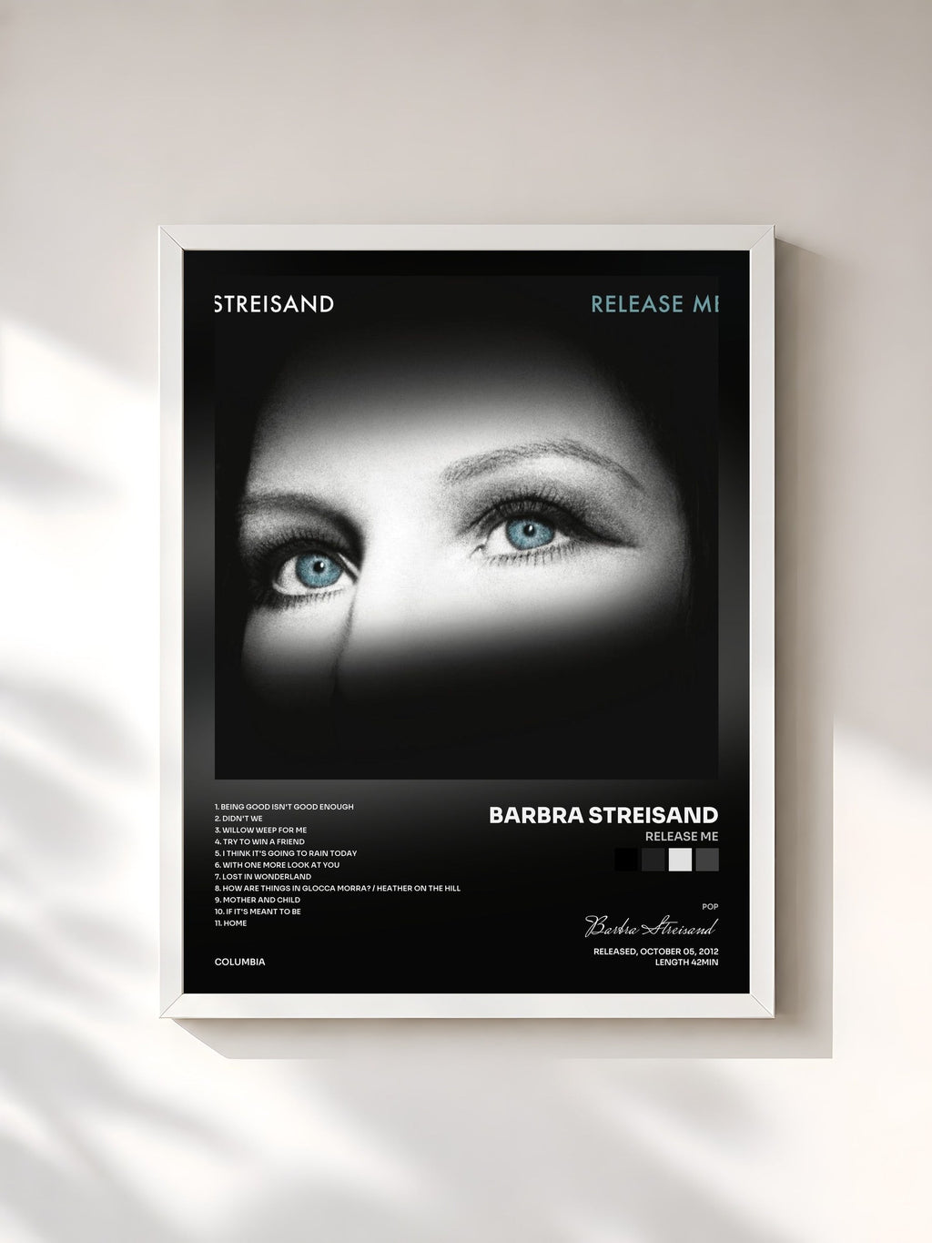 #blanc Tableau de l'album Release Me de Barbra Streisand, cadre blanc, imprimé et encadré en France