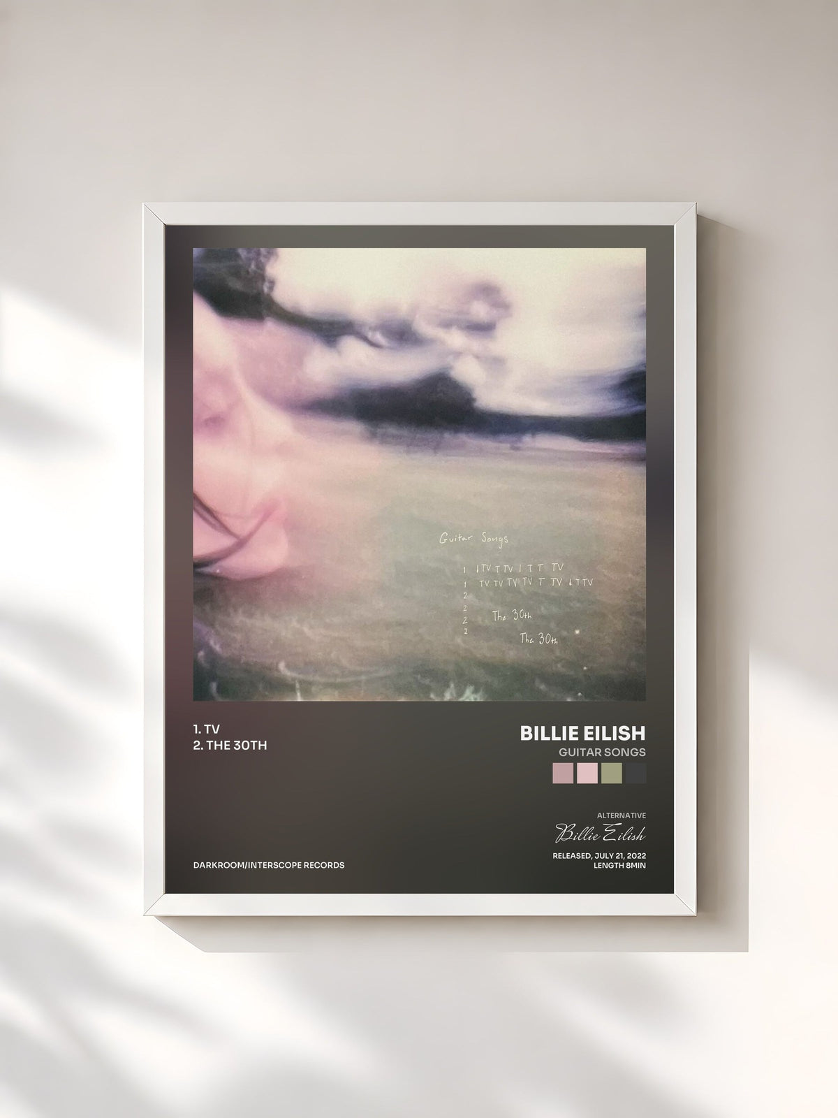 #blanc Tableau de l'album Guitar Songs de Billie Eilish, cadre blanc, imprimé et encadré en France