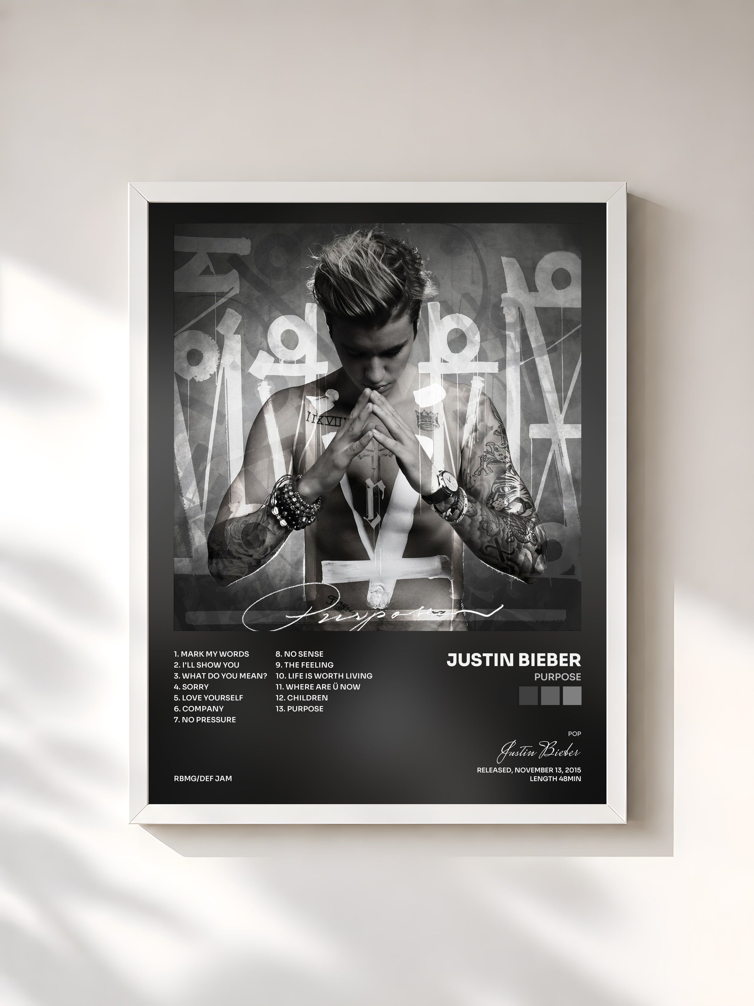 #blanc Purpose di Justin Bieber in stampa incorniciata, cornice bianca, stampata e incorniciata in Francia