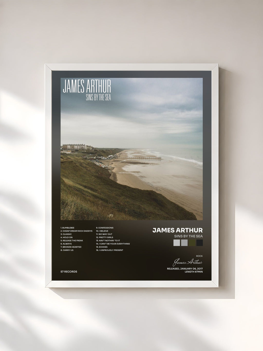 #blanc Sins by the Sea de James Arthur en lámina enmarcada, marco blanco, impresa y enmarcada en Francia