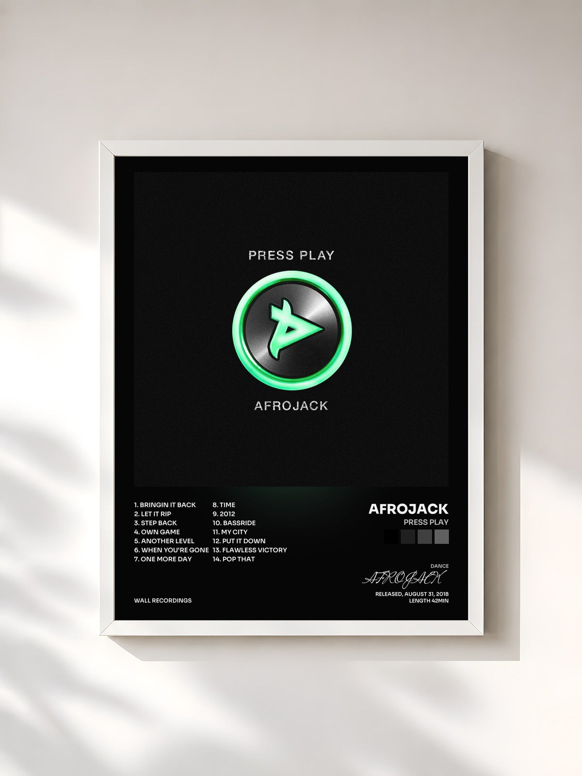 #blanc Tableau de l'album Press Play de AFROJACK, cadre blanc, imprimé et encadré en France