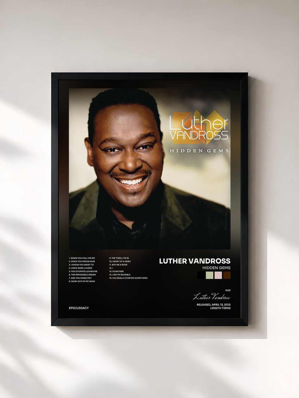 #noir Tableau de l'album Hidden Gems de Luther Vandross, cadre noir, imprimé et encadré en France