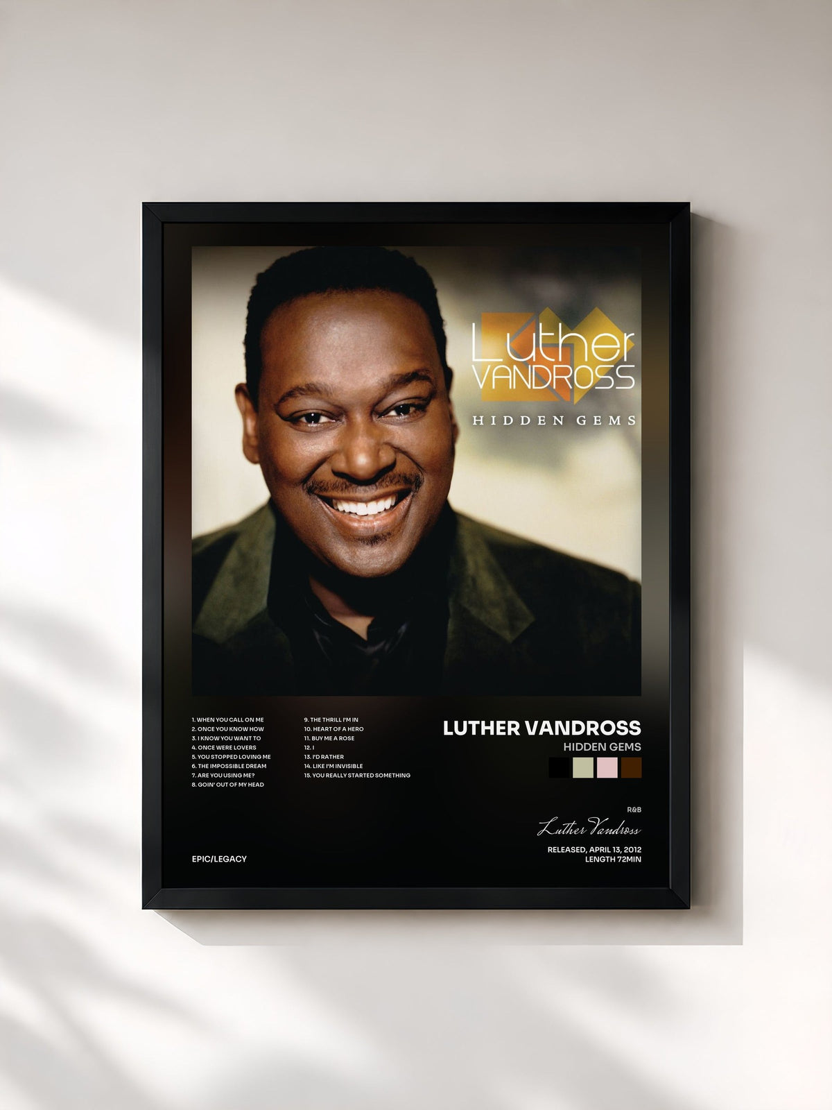 #noir Tableau de l'album Hidden Gems de Luther Vandross, cadre noir, imprimé et encadré en France