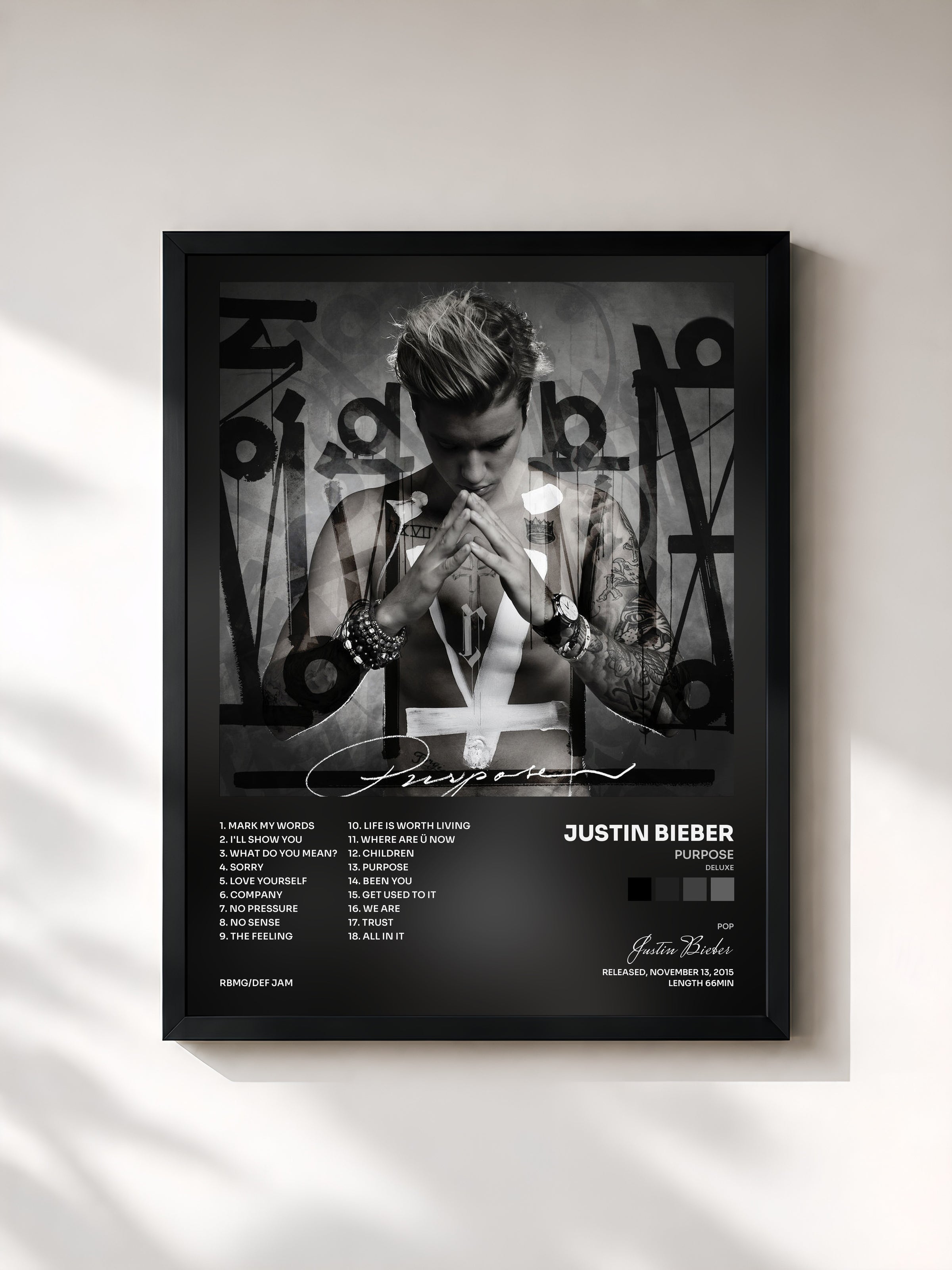 #noir Tableau de l'album Purpose (Deluxe) de Justin Bieber, cadre noir, imprimé et encadré en France