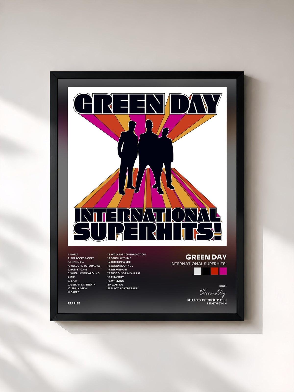 #noir International Superhits! de Green Day en lámina enmarcada, marco negro, impresa y enmarcada en Francia