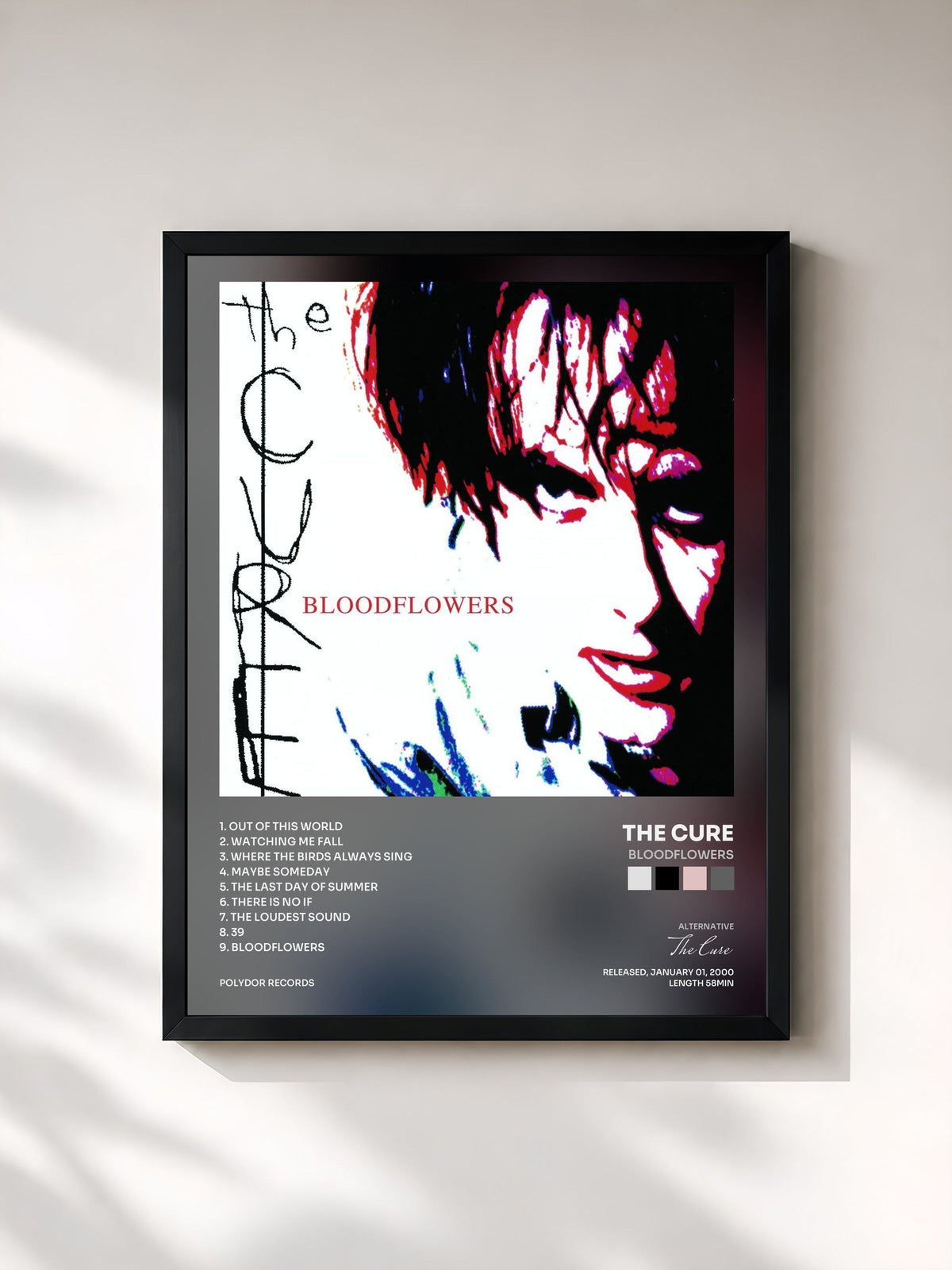 #noir Tableau de l'album Bloodflowers de The Cure, cadre noir, imprimé et encadré en France