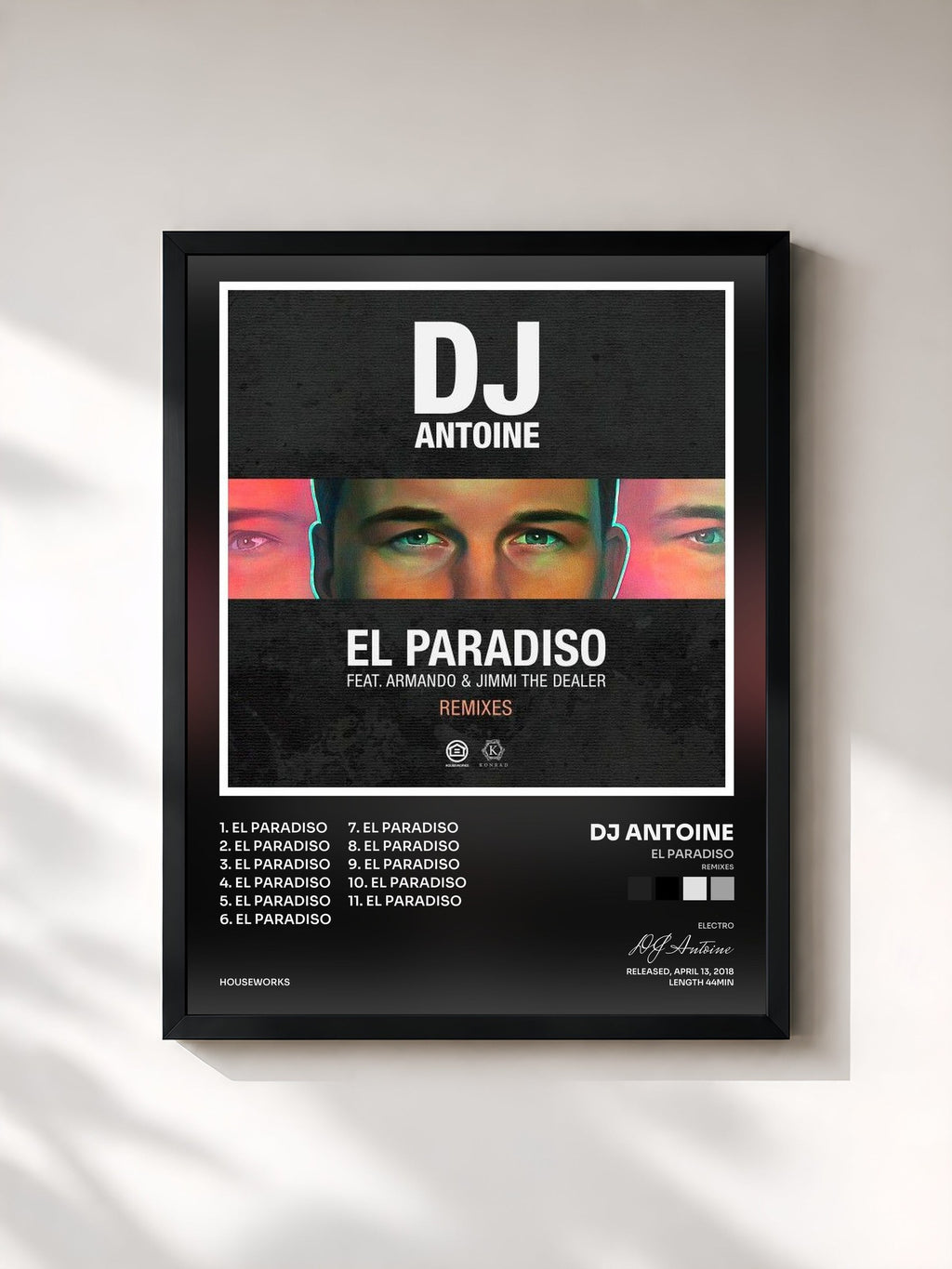 #noir El Paradiso (Remixes) de DJ Antoine en lámina enmarcada, marco negro, impresa y enmarcada en Francia