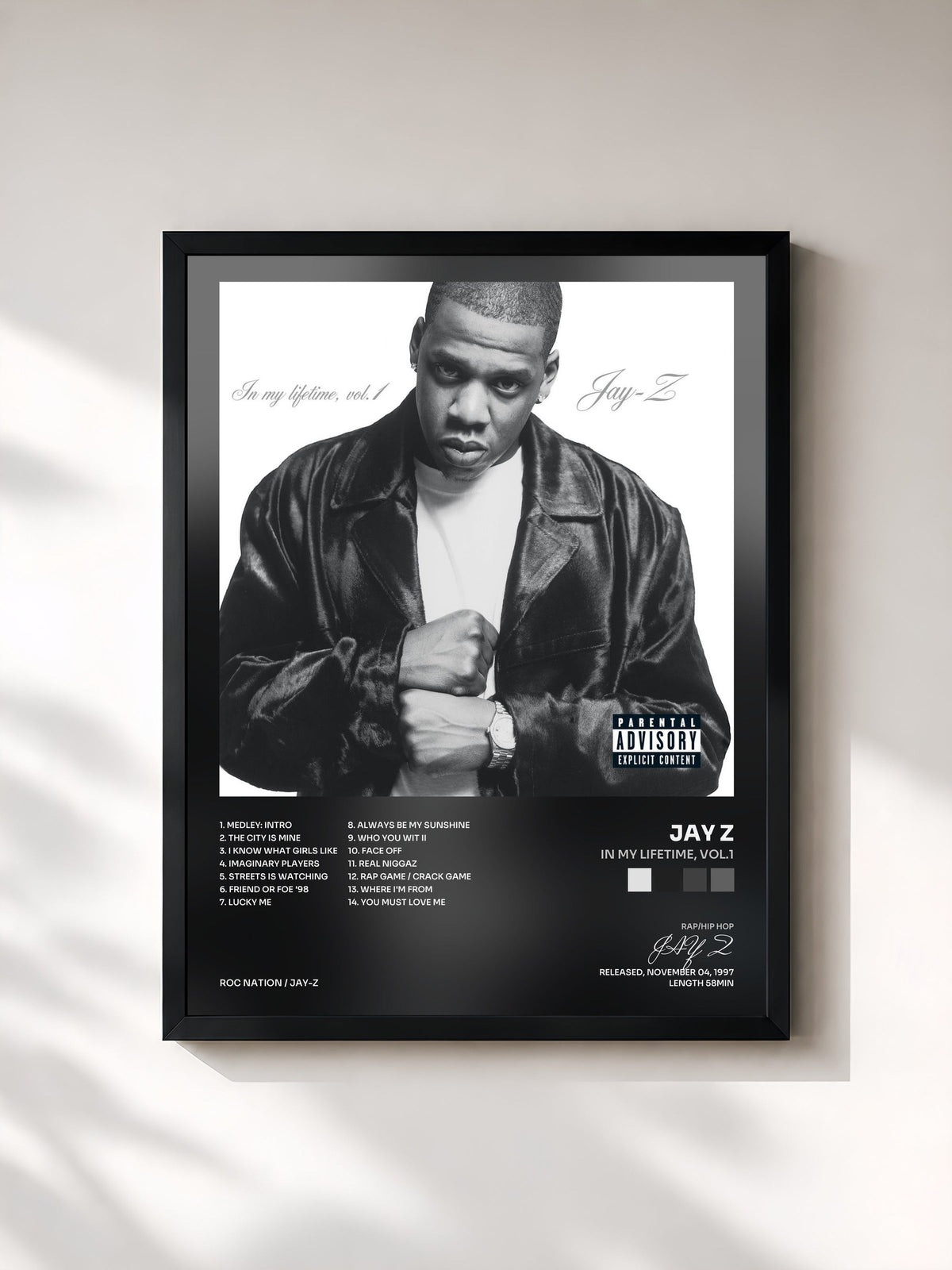 #noir Tableau de l'album In My Lifetime, Vol. 1 de JAY Z, cadre noir, imprimé et encadré en France