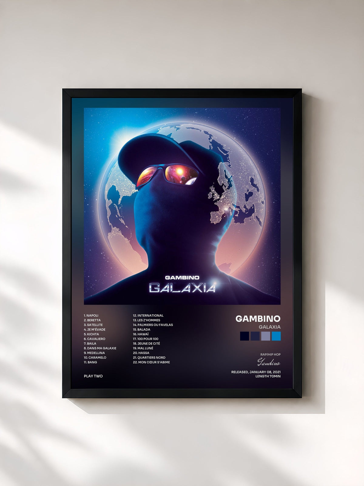 #noir Tableau de l'album Galaxia de Gambino, cadre noir, imprimé et encadré en France