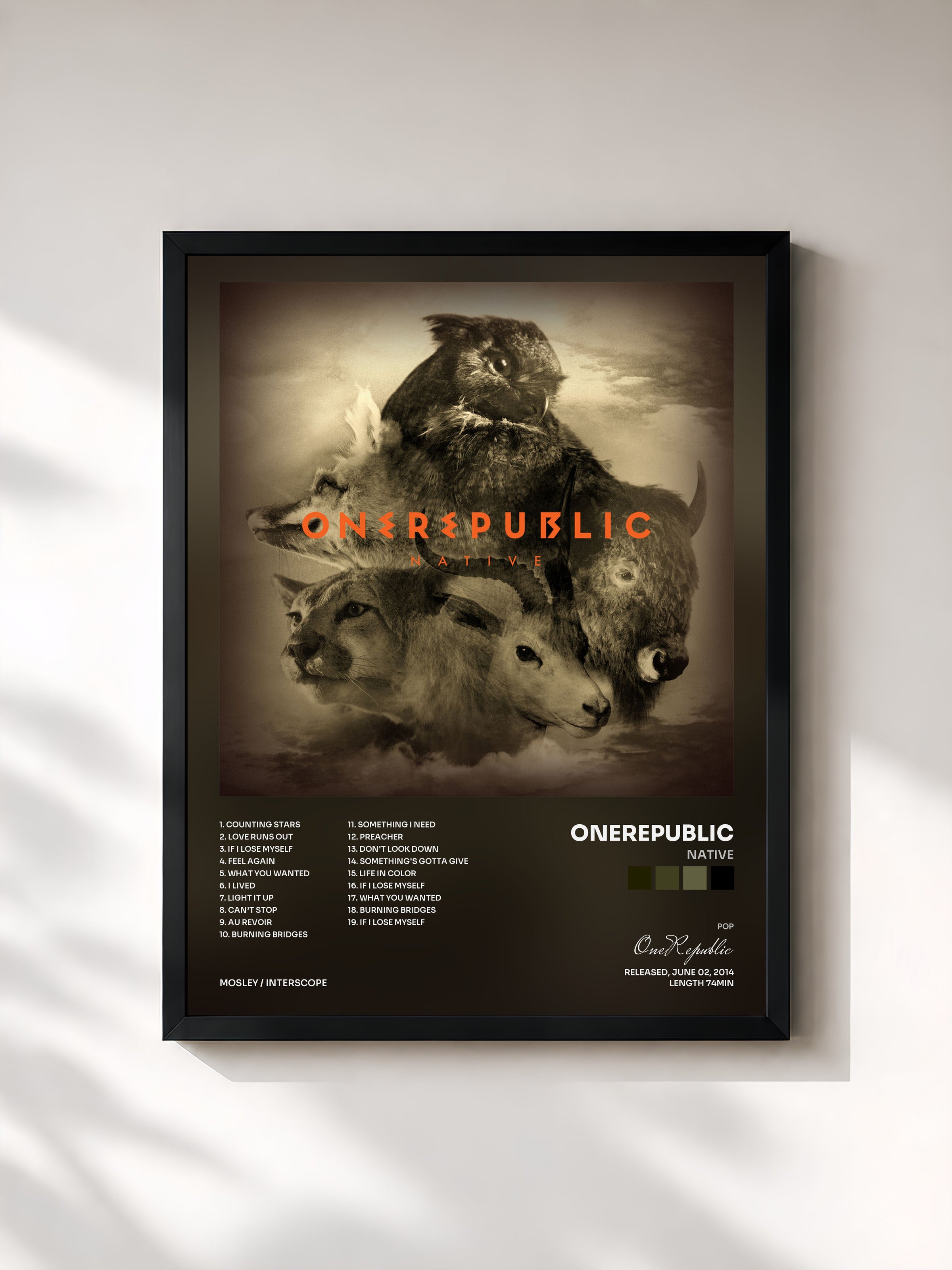 #noir Tableau de l'album Native de OneRepublic, cadre noir, imprimé et encadré en France