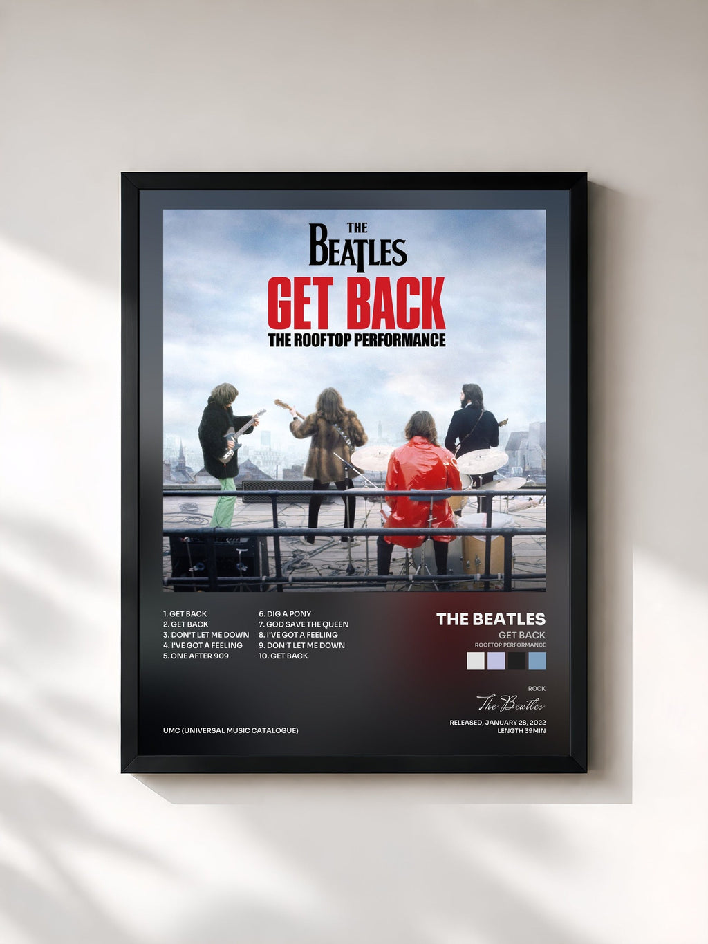 #noir Tableau de l'album Get Back (Rooftop Performance) de The Beatles, cadre noir, imprimé et encadré en France