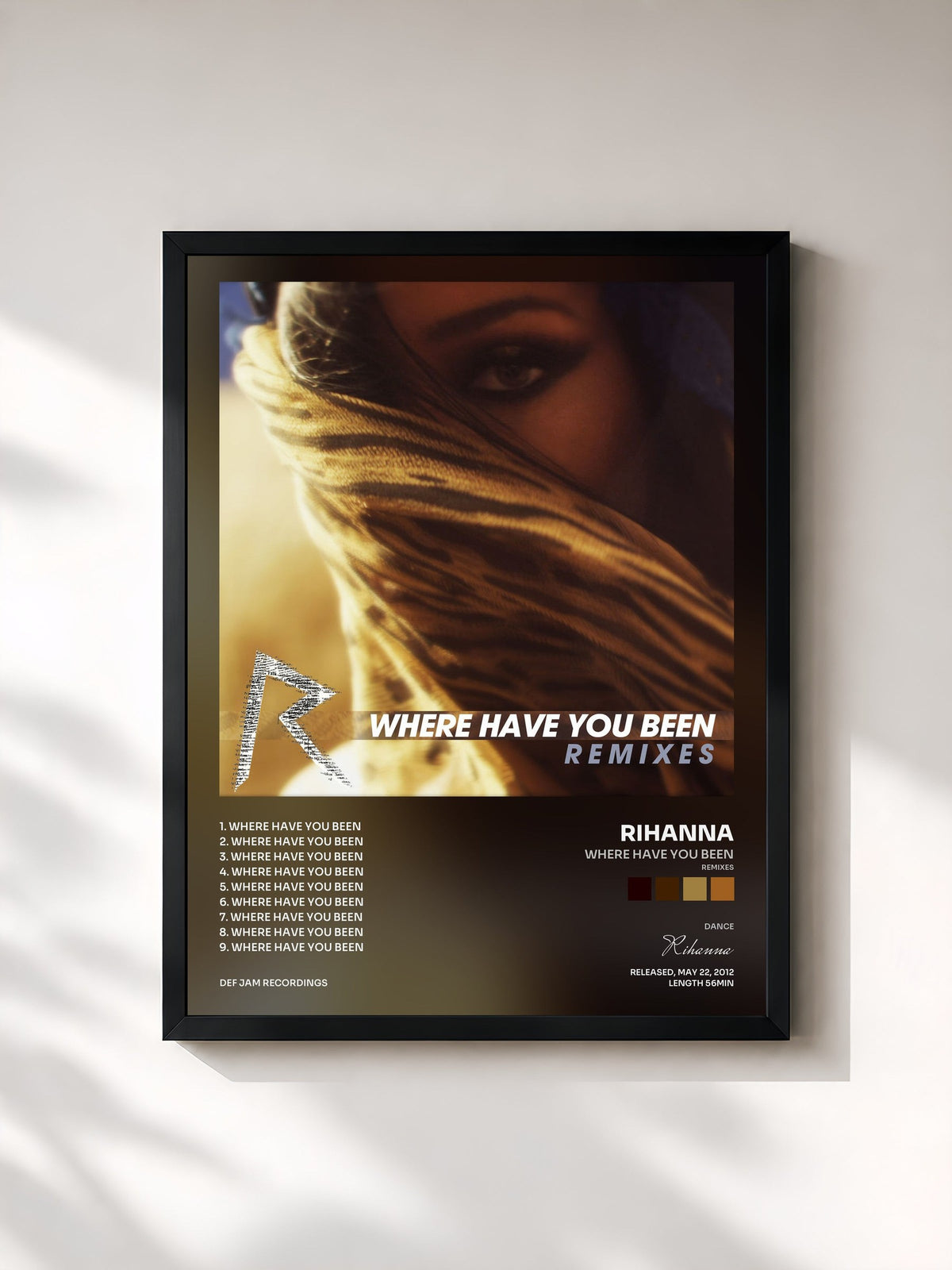 #noir Tableau de l'album Where Have You Been (Remixes) de Rihanna, cadre noir, imprimé et encadré en France
