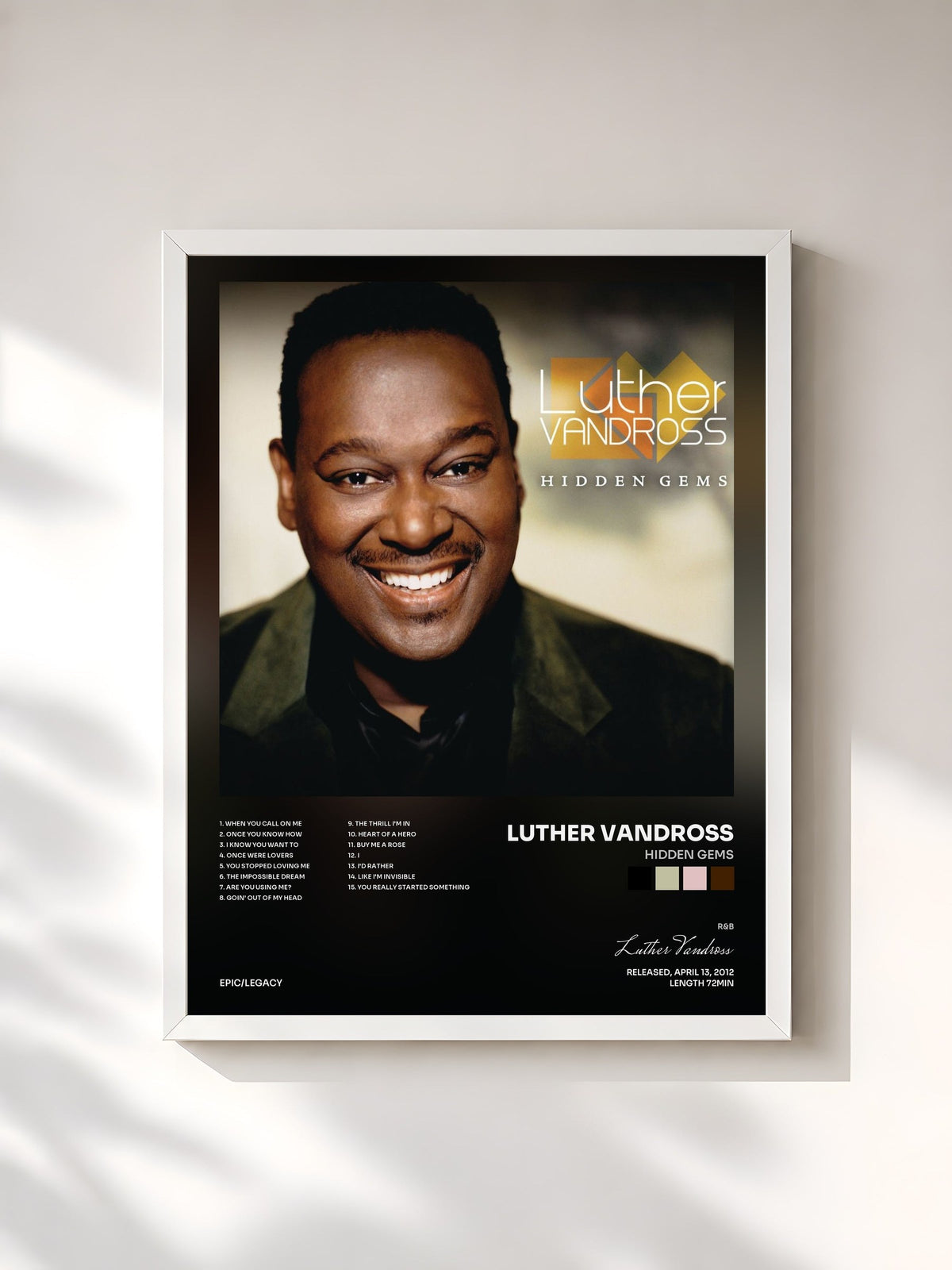 #blanc Tableau de l'album Hidden Gems de Luther Vandross, cadre blanc, imprimé et encadré en France