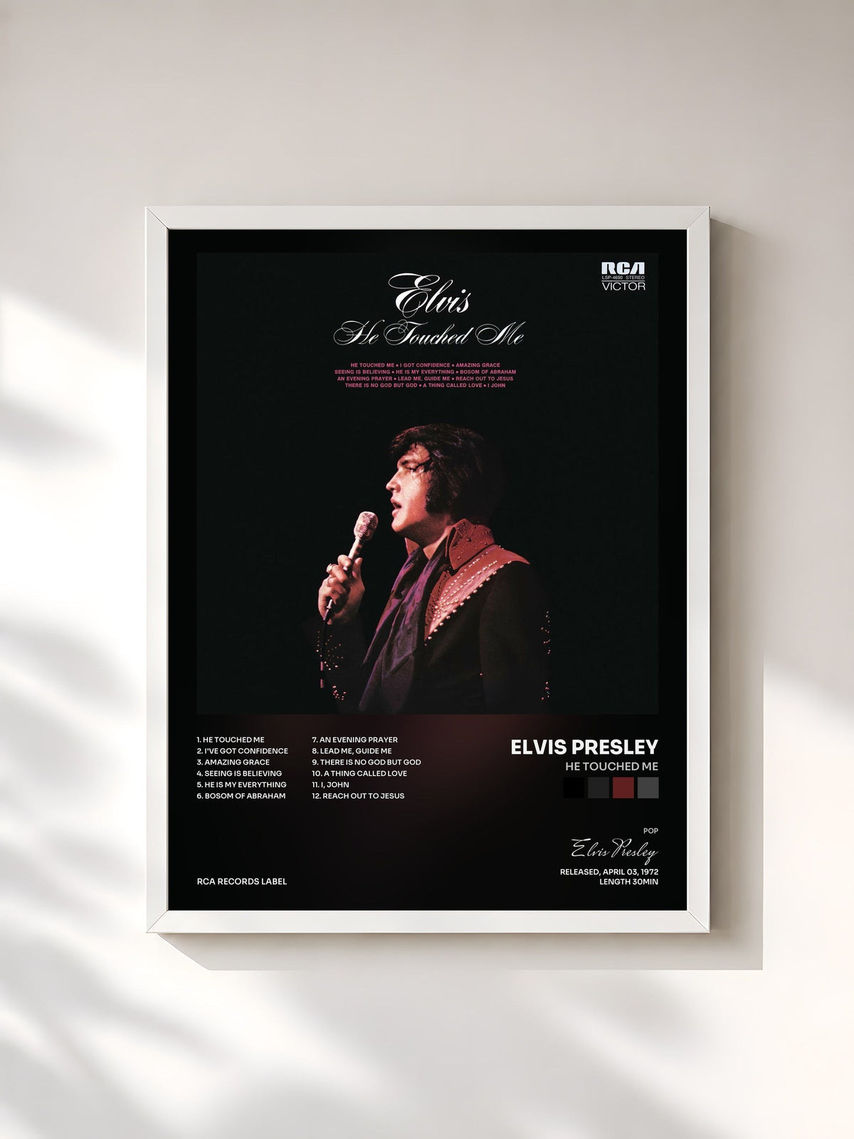 #blanc He Touched Me de Elvis Presley en lámina enmarcada, marco blanco, impresa y enmarcada en Francia