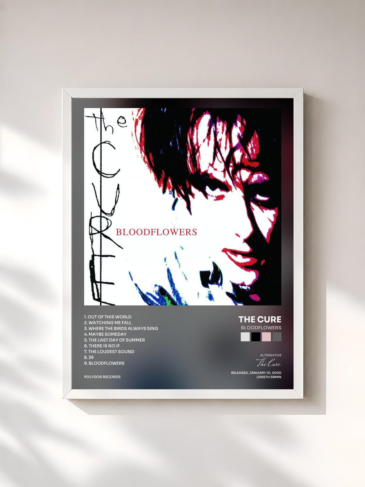 #blanc Tableau de l'album Bloodflowers de The Cure, cadre blanc, imprimé et encadré en France