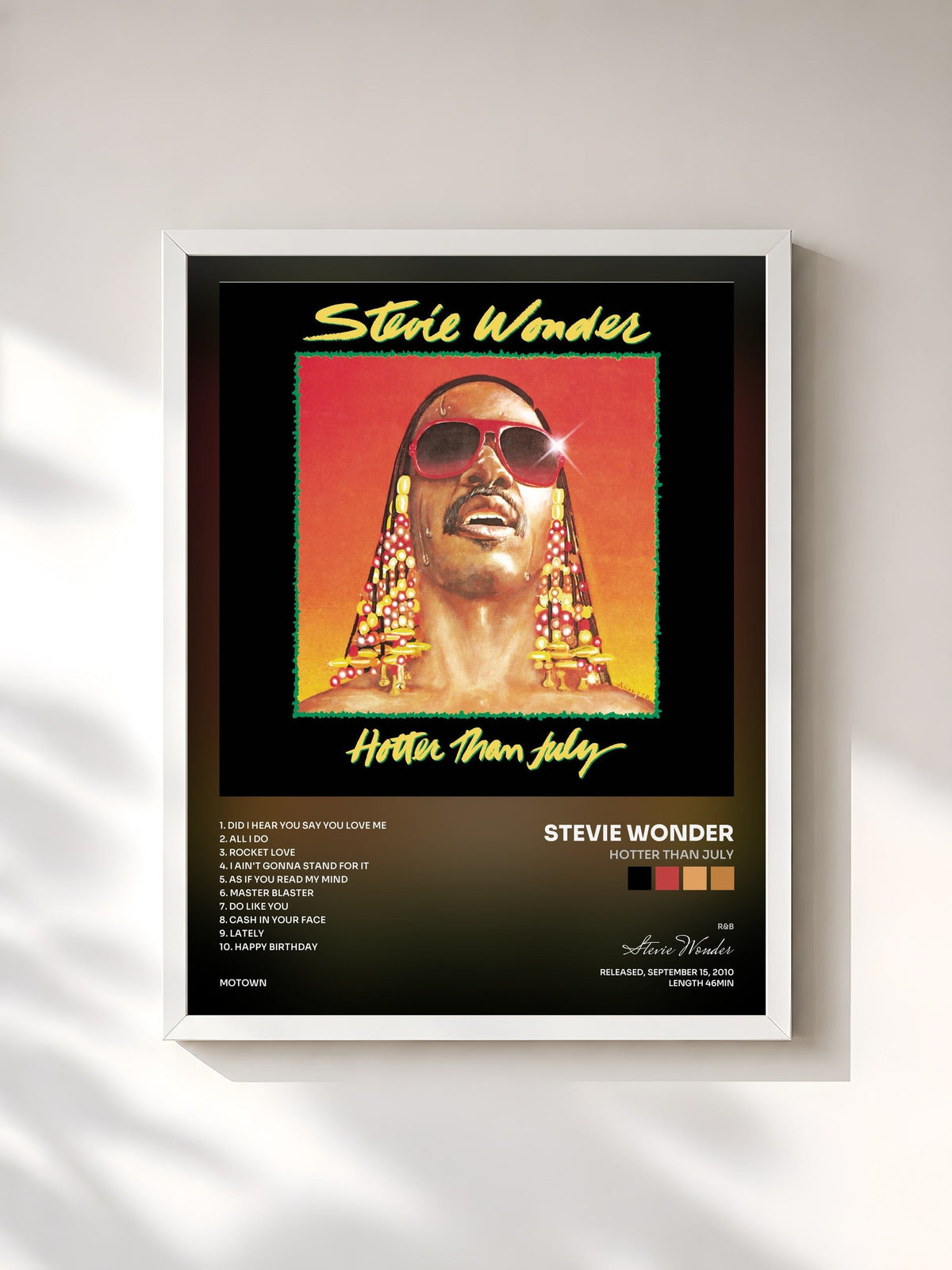 #blanc Tableau de l'album Hotter Than July de Stevie Wonder, cadre blanc, imprimé et encadré en France