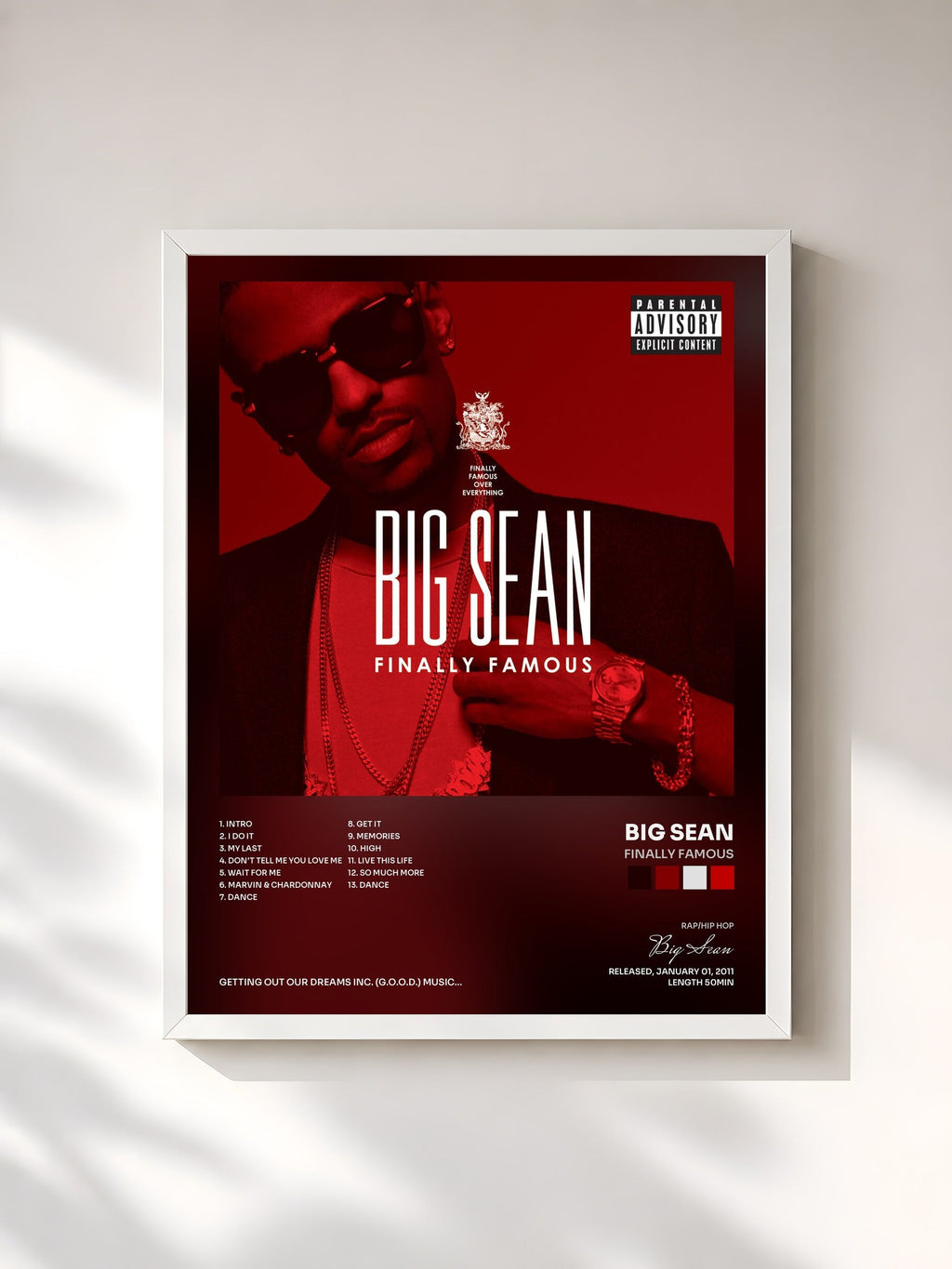 #blanc Tableau de l'album Finally Famous de Big Sean, cadre blanc, imprimé et encadré en France