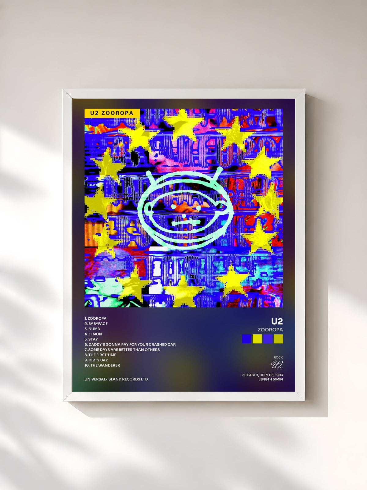 #blanc Tableau de l'album Zooropa de U2, cadre blanc, imprimé et encadré en France