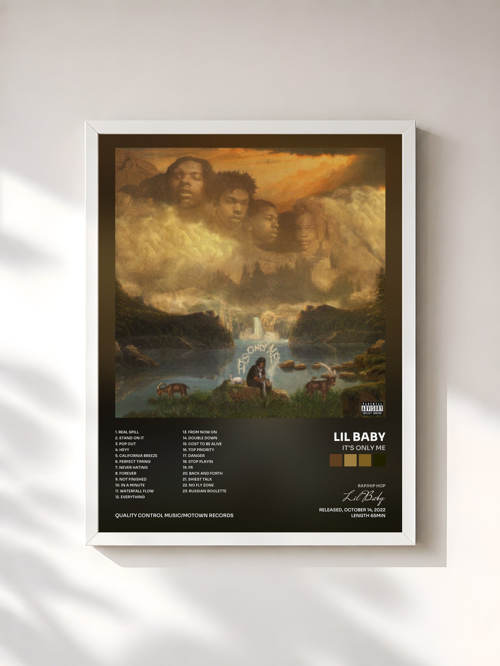 #blanc Tableau de l'album It's Only Me de Lil Baby, cadre blanc, imprimé et encadré en France