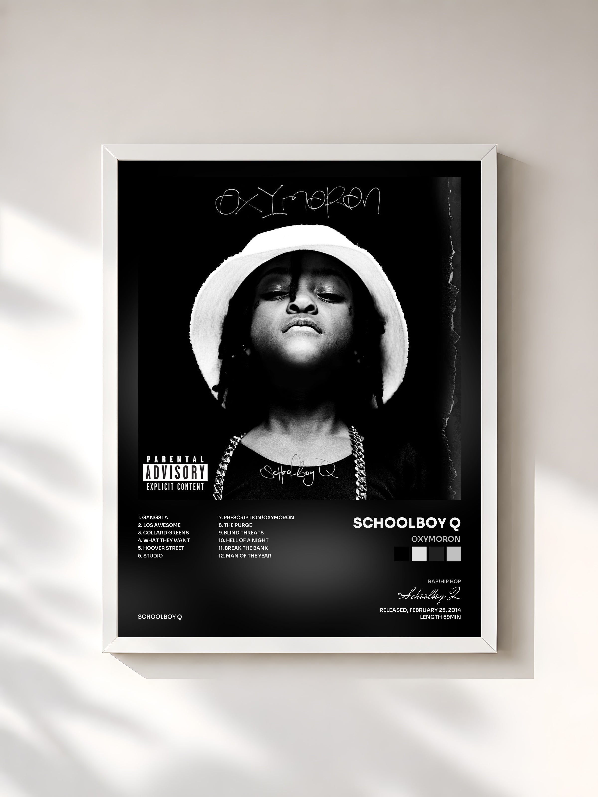 #blanc Oxymoron de Schoolboy Q en lámina enmarcada, marco blanco, impresa y enmarcada en Francia