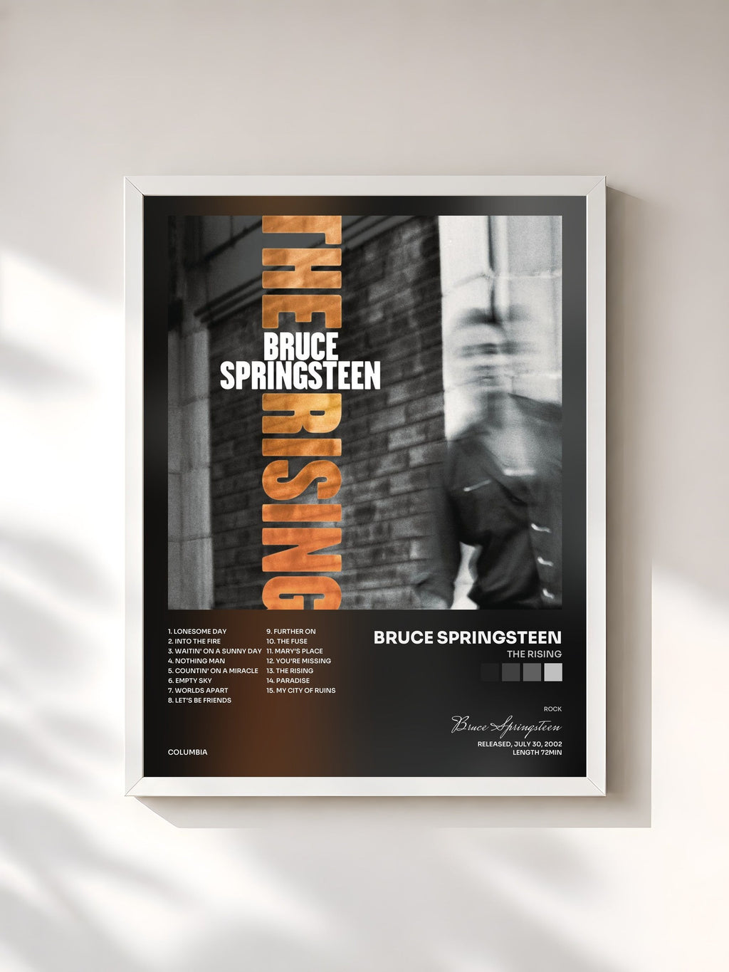 #blanc Tableau de l'album The Rising de Bruce Springsteen, cadre blanc, imprimé et encadré en France
