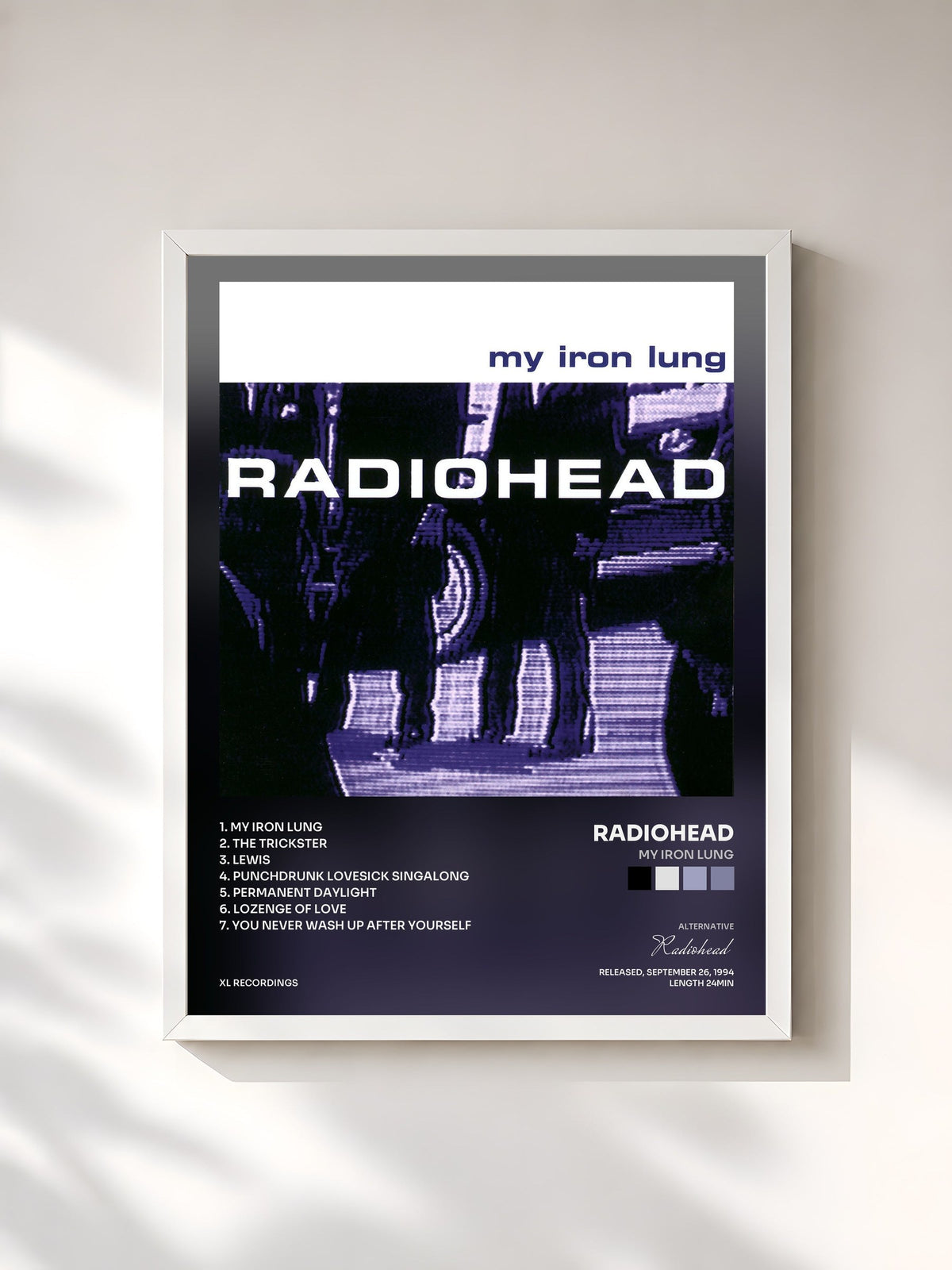 #blanc Tableau de l'album My Iron Lung de Radiohead, cadre blanc, imprimé et encadré en France