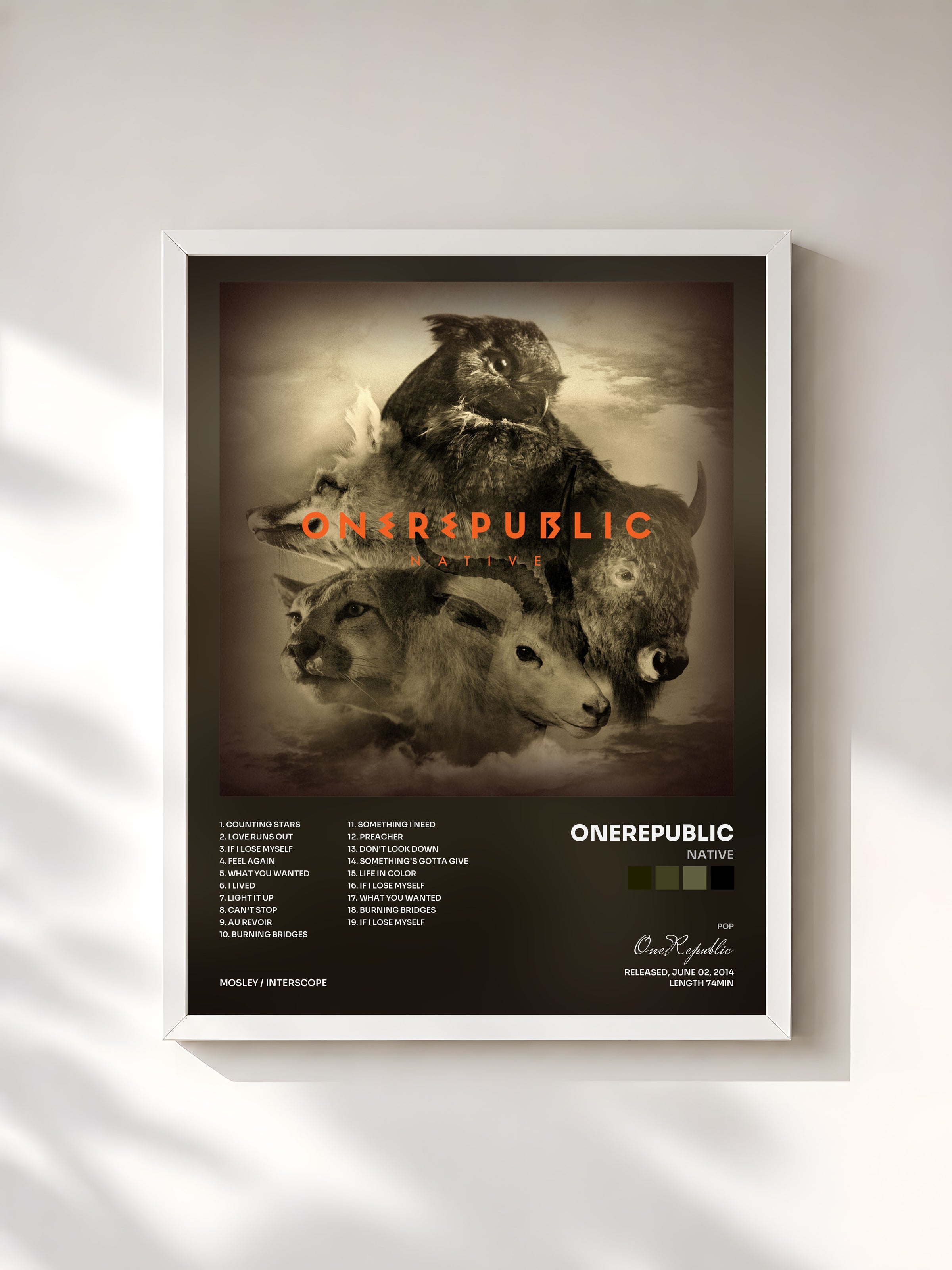 #blanc Tableau de l'album Native de OneRepublic, cadre blanc, imprimé et encadré en France