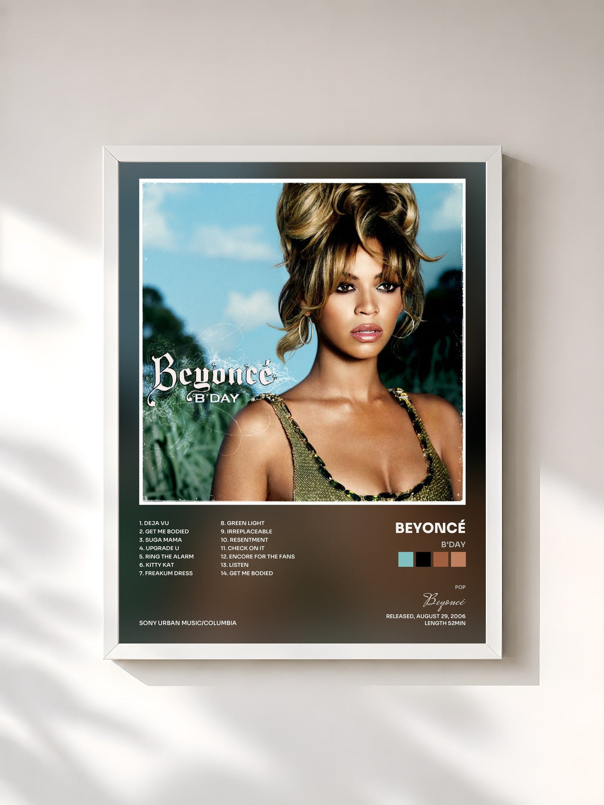 #blanc Tableau de l'album B'Day de Beyoncé, cadre blanc, imprimé et encadré en France