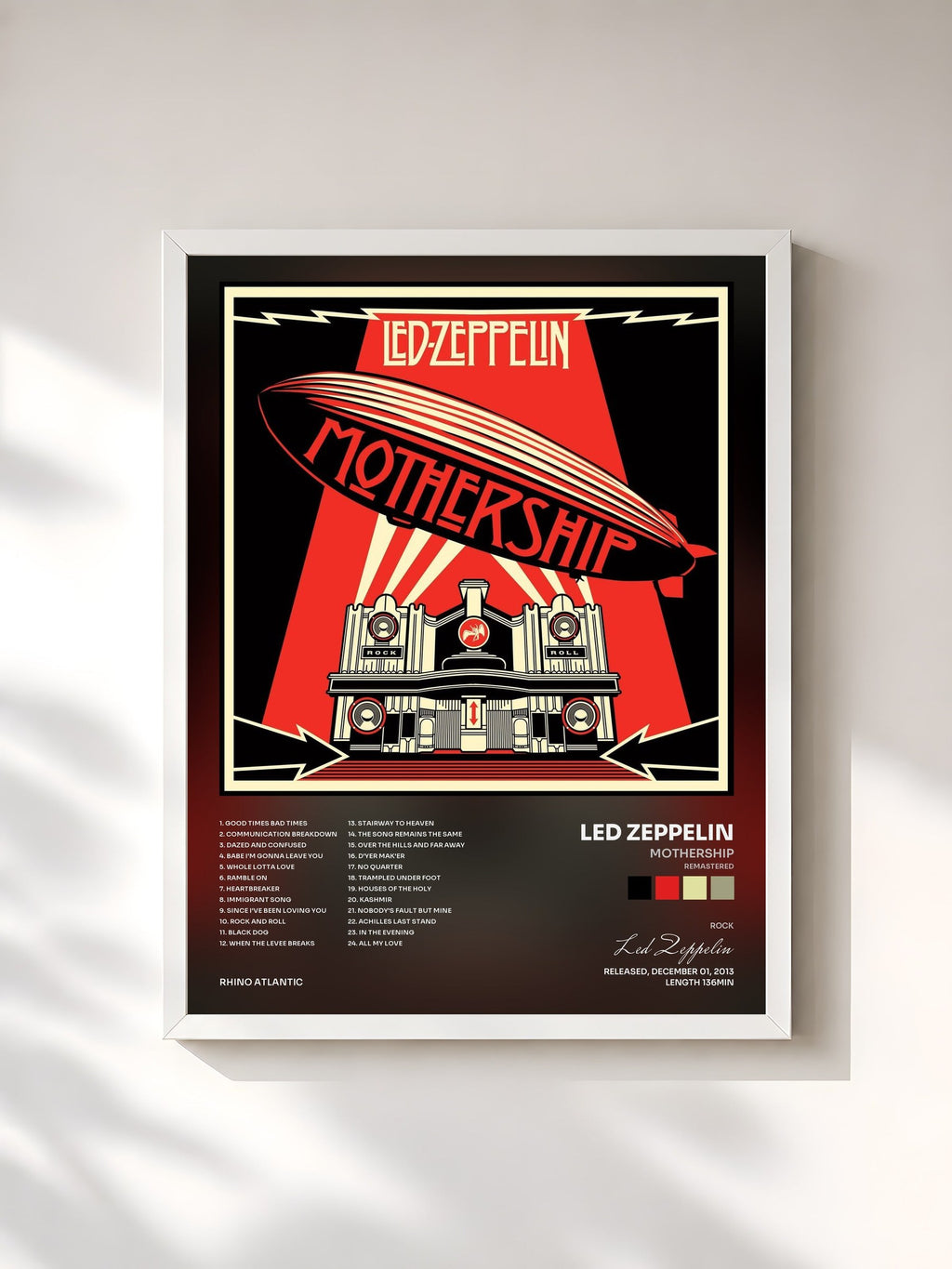 #blanc Tableau de l'album Mothership (Remastered) de Led Zeppelin, cadre blanc, imprimé et encadré en France