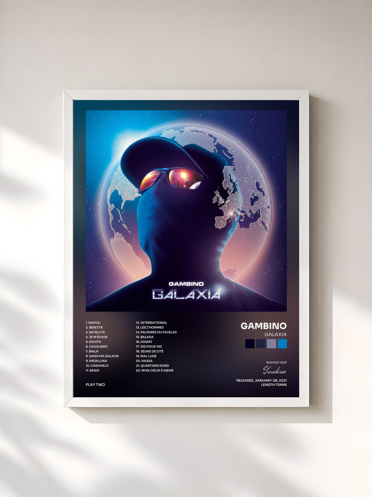 #blanc Tableau de l'album Galaxia de Gambino, cadre blanc, imprimé et encadré en France