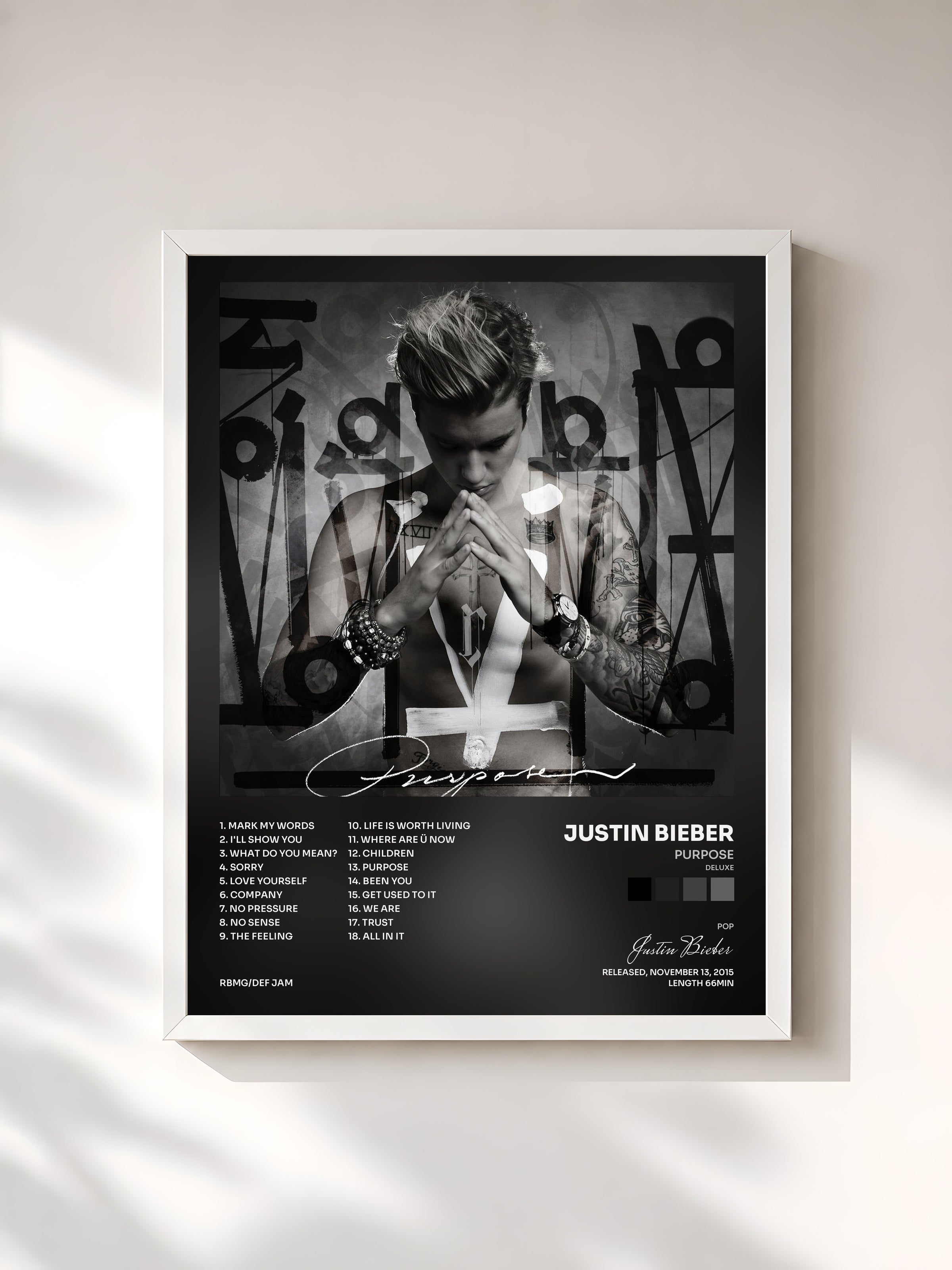 #blanc Tableau de l'album Purpose (Deluxe) de Justin Bieber, cadre blanc, imprimé et encadré en France