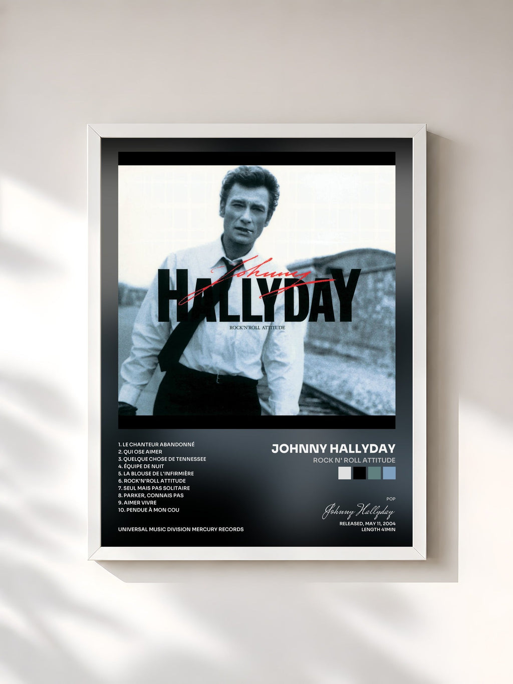 #blanc Rock N' Roll Attitude by Johnny Hallyday as a framed art print, white frame, printed and framed in France
