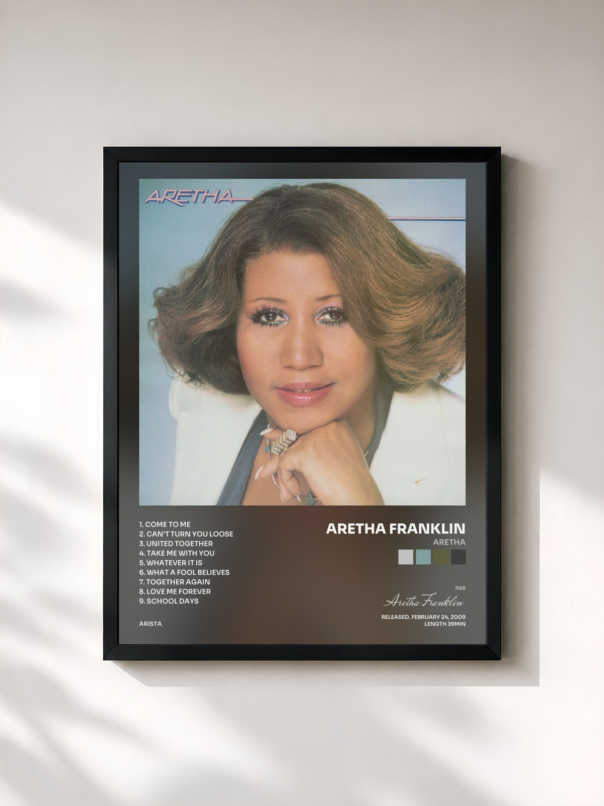 #noir Tableau de l'album Aretha de Aretha Franklin, cadre noir, imprimé et encadré en France