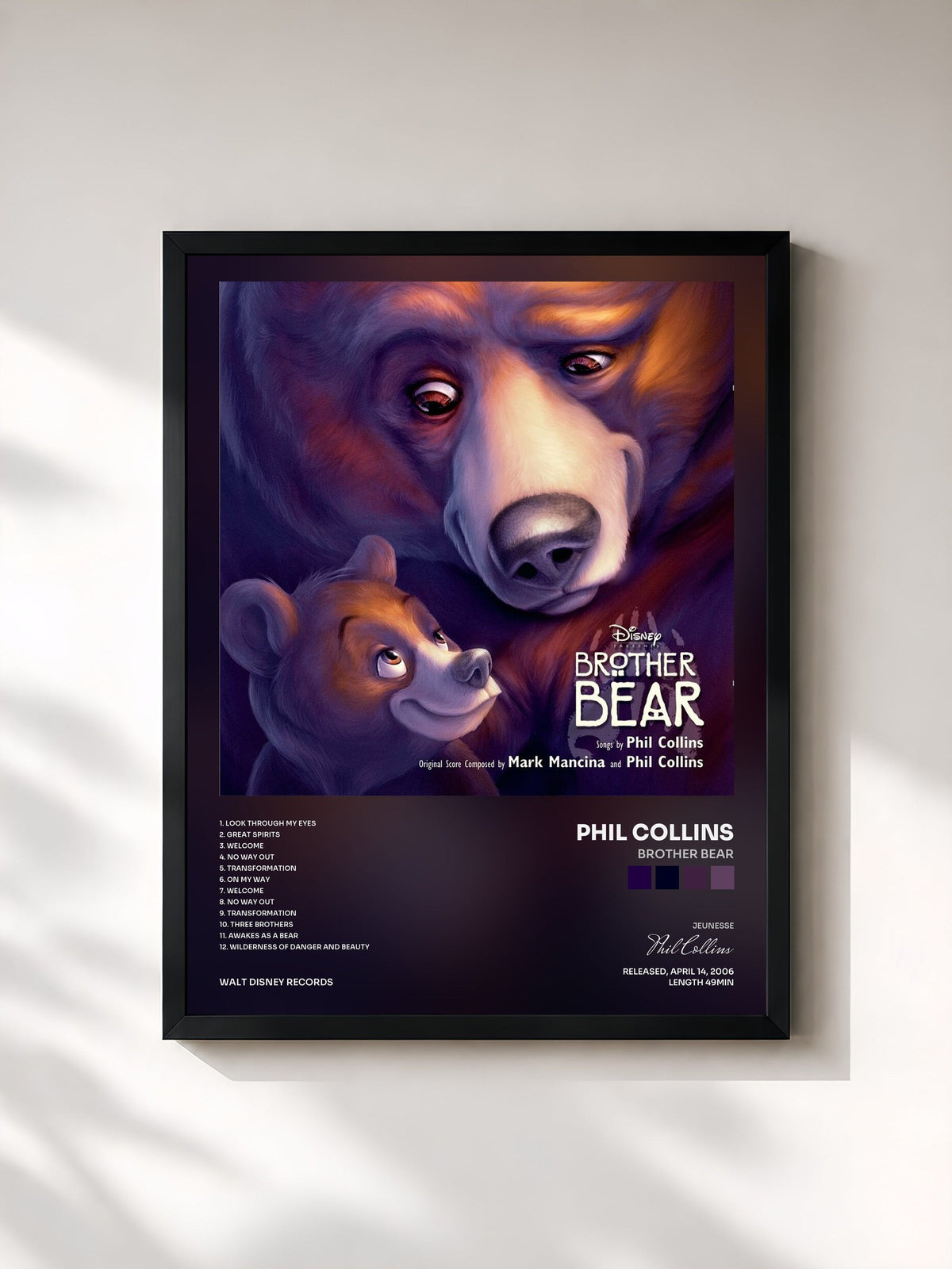 #noir Tableau de l'album Brother Bear de Phil Collins, cadre noir, imprimé et encadré en France