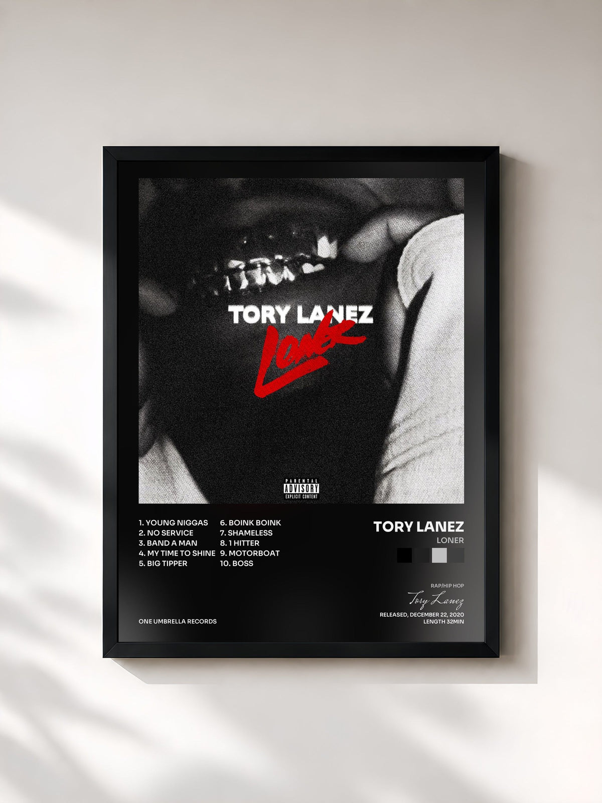 #noir Loner by Tory Lanez as a framed art print, black frame, printed and framed in France