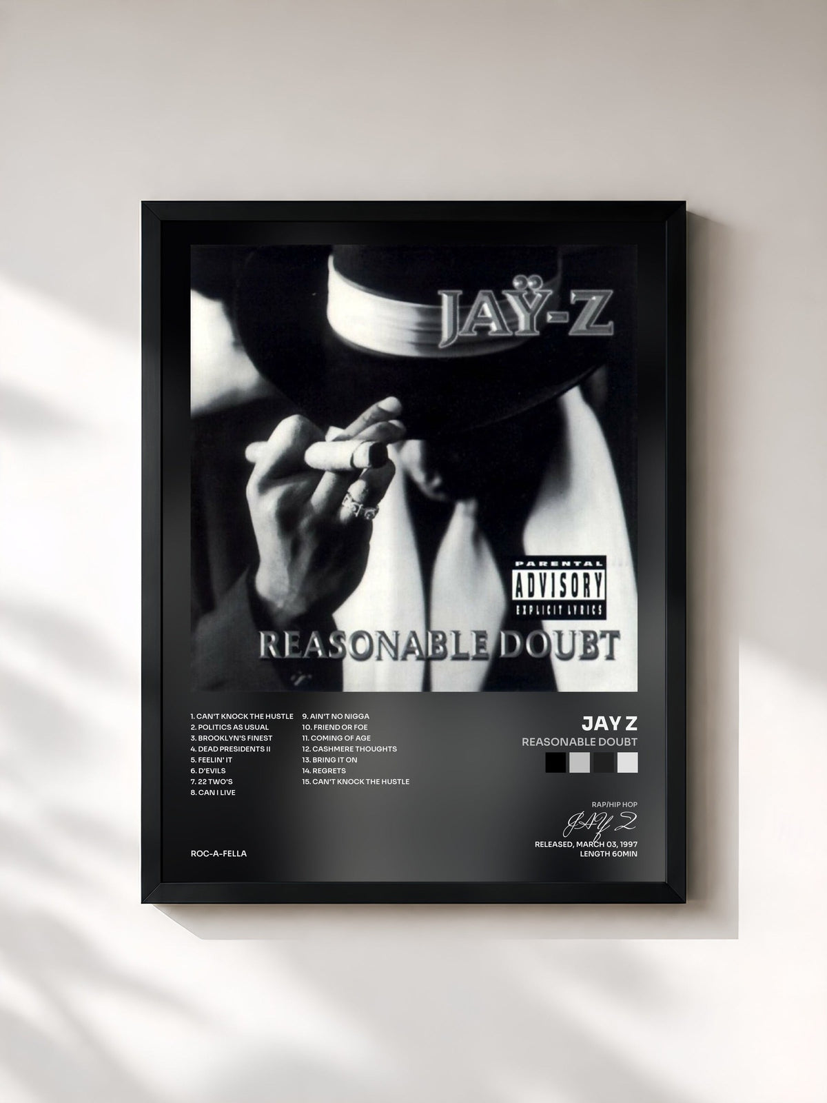 #noir Tableau de l'album Reasonable Doubt de JAY Z, cadre noir, imprimé et encadré en France