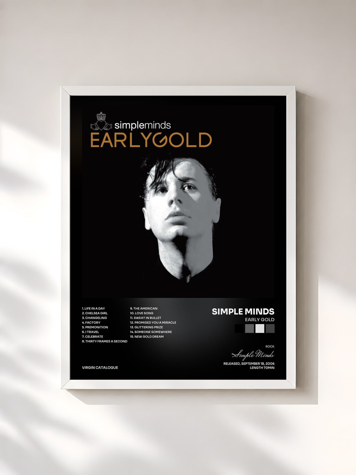 #blanc Early Gold di Simple Minds in stampa incorniciata, cornice bianca, stampata e incorniciata in Francia