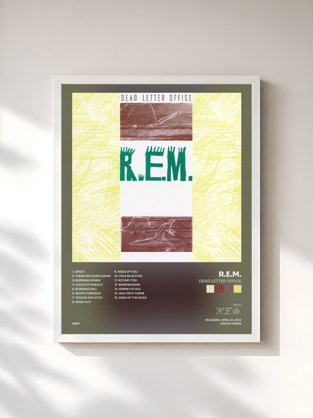#blanc Tableau de l'album Dead Letter Office de R.E.M., cadre blanc, imprimé et encadré en France