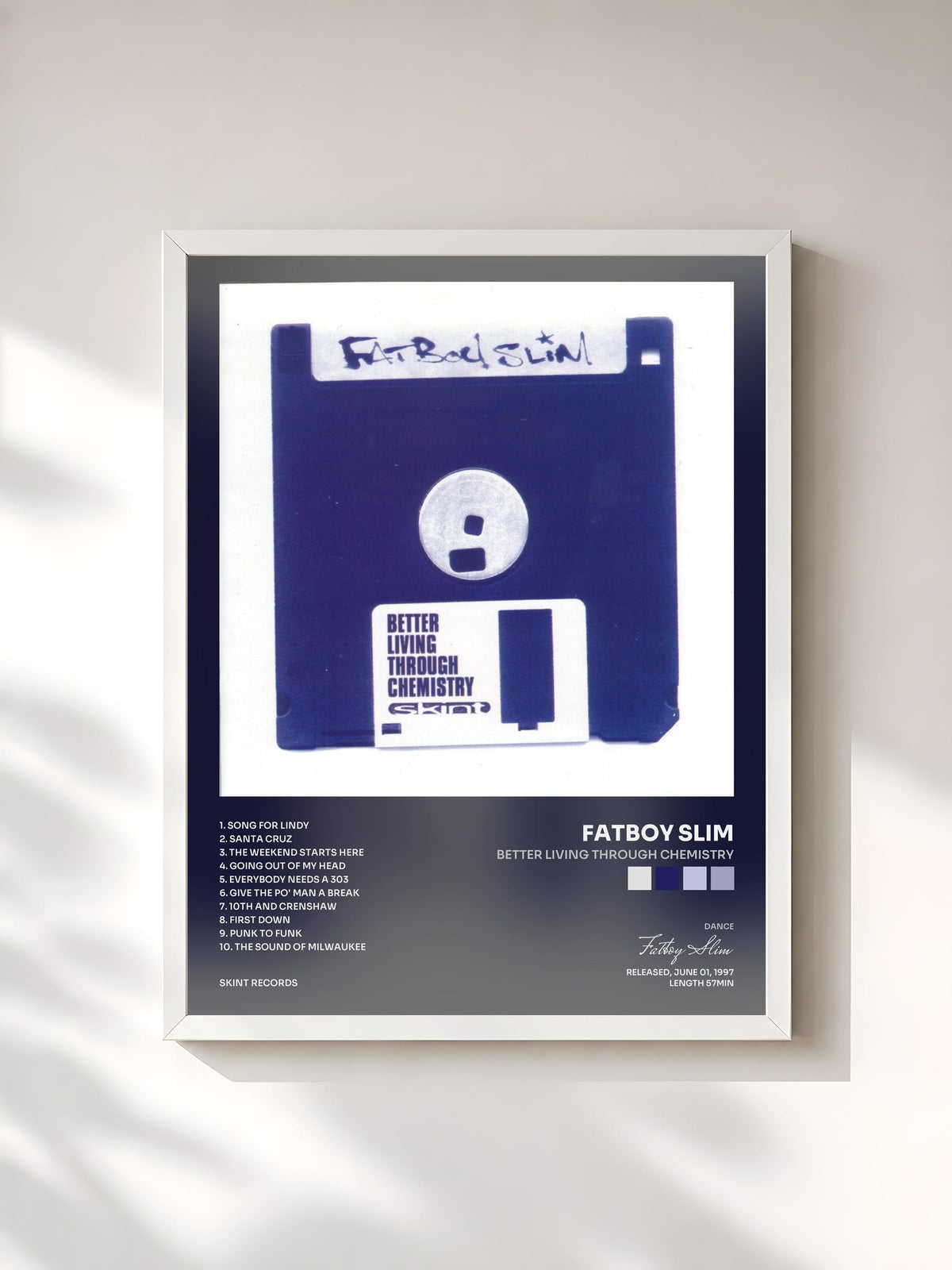 #blanc Tableau de l'album Better Living Through Chemistry de Fatboy Slim, cadre blanc, imprimé et encadré en France