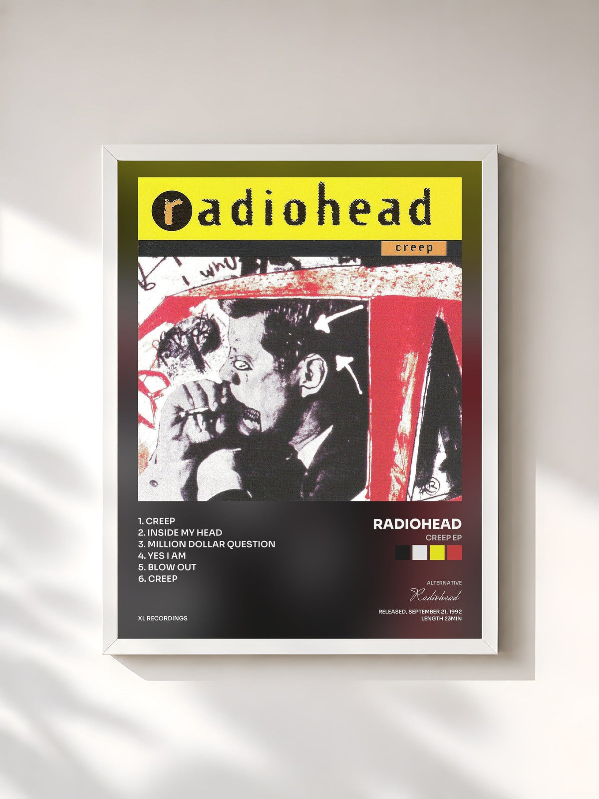 #blanc Tableau de l'album Creep EP de Radiohead, cadre blanc, imprimé et encadré en France
