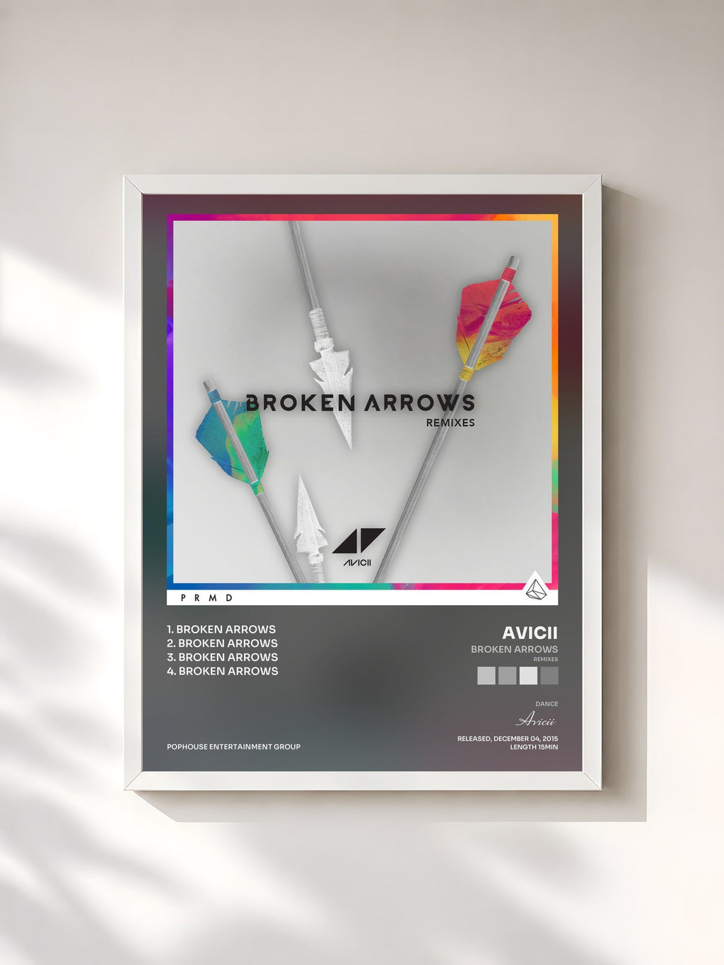#blanc Tableau de l'album Broken Arrows (Remixes) de Avicii, cadre blanc, imprimé et encadré en France